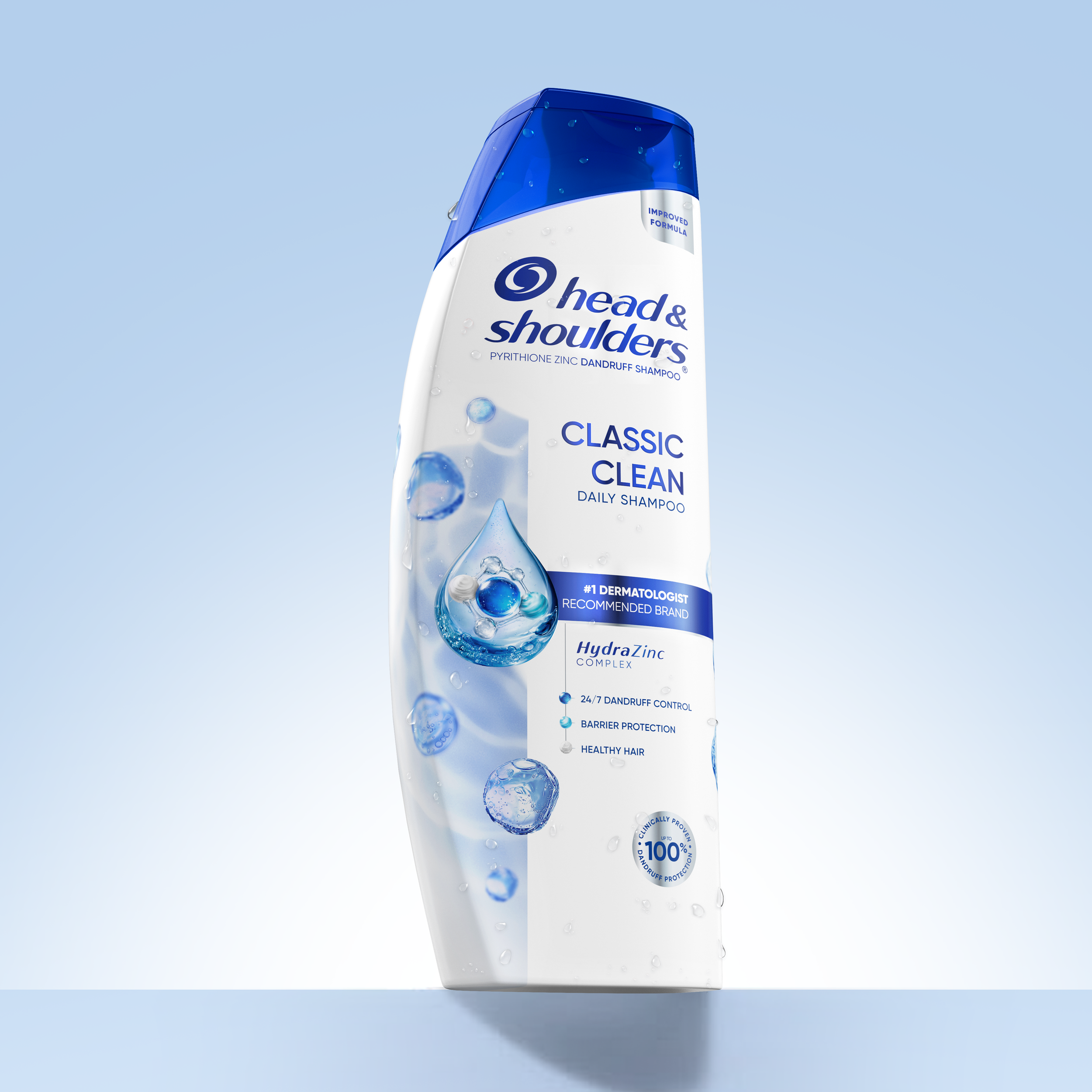 Head & Shoulders Classic Clean daily anti-dandruff shampoo bottle with blue cap and water droplets