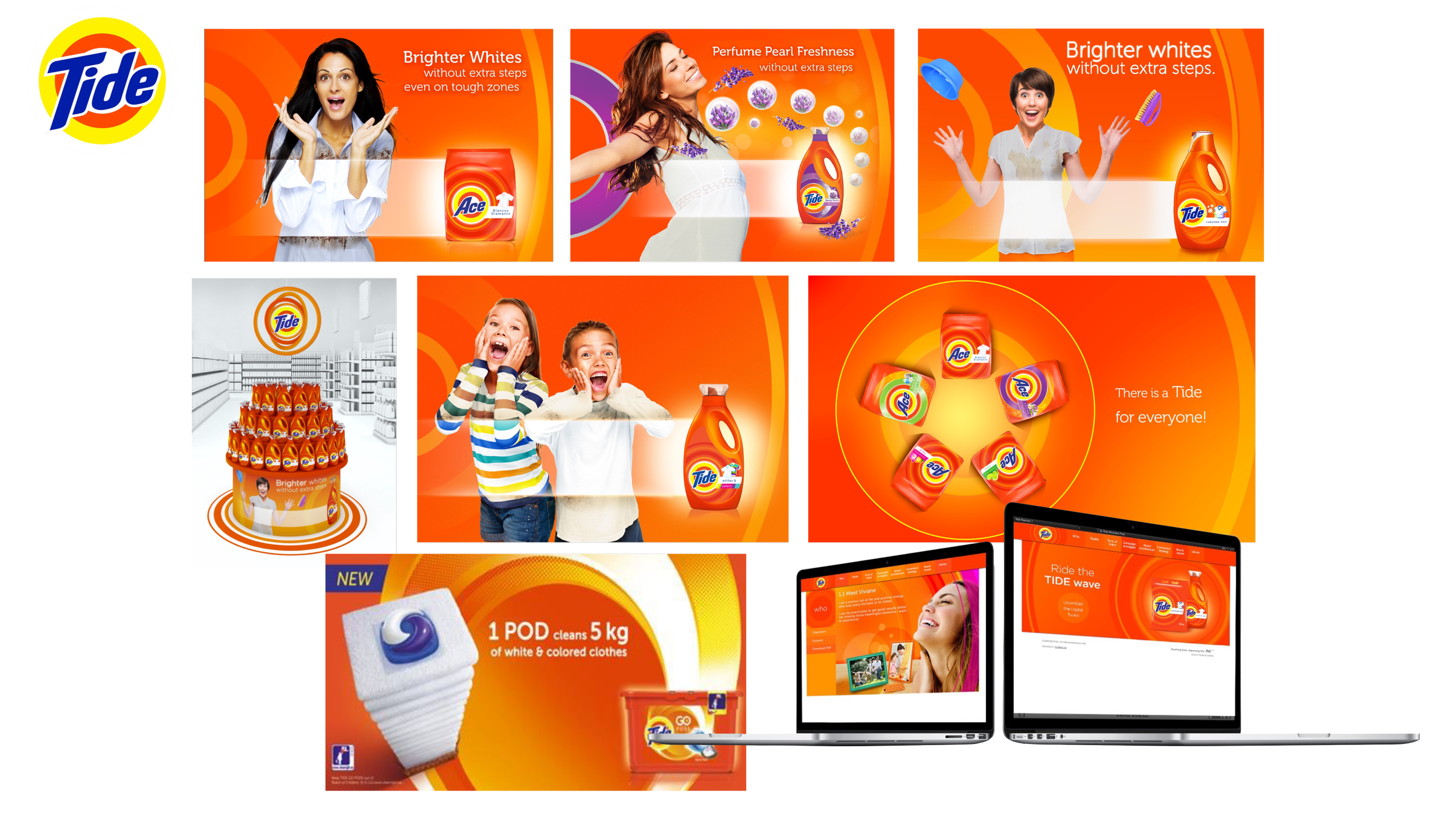 Collage of Tide and Ace laundry detergent advertisements featuring products, families, clean clothing, and branded campaign websites.