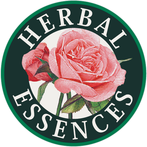 Herbal Essences logo featuring a pink rose inside a dark green circular emblem