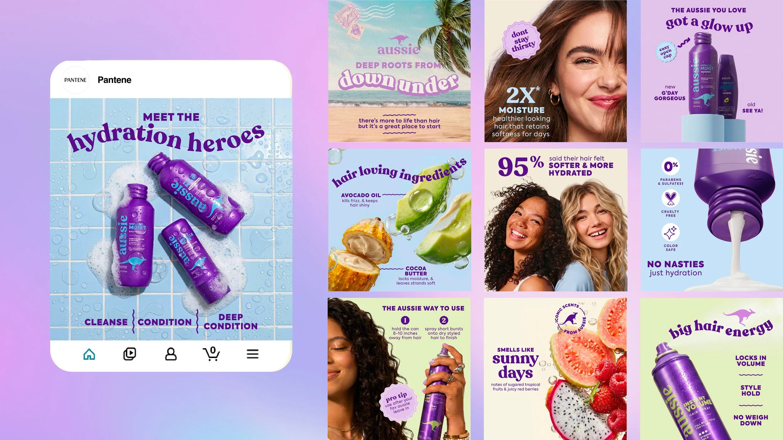Aussie haircare product campaign collage featuring hydration shampoo, conditioner, hair spray, diverse models, tropical ingredients, and moisturizing hair-care claims.