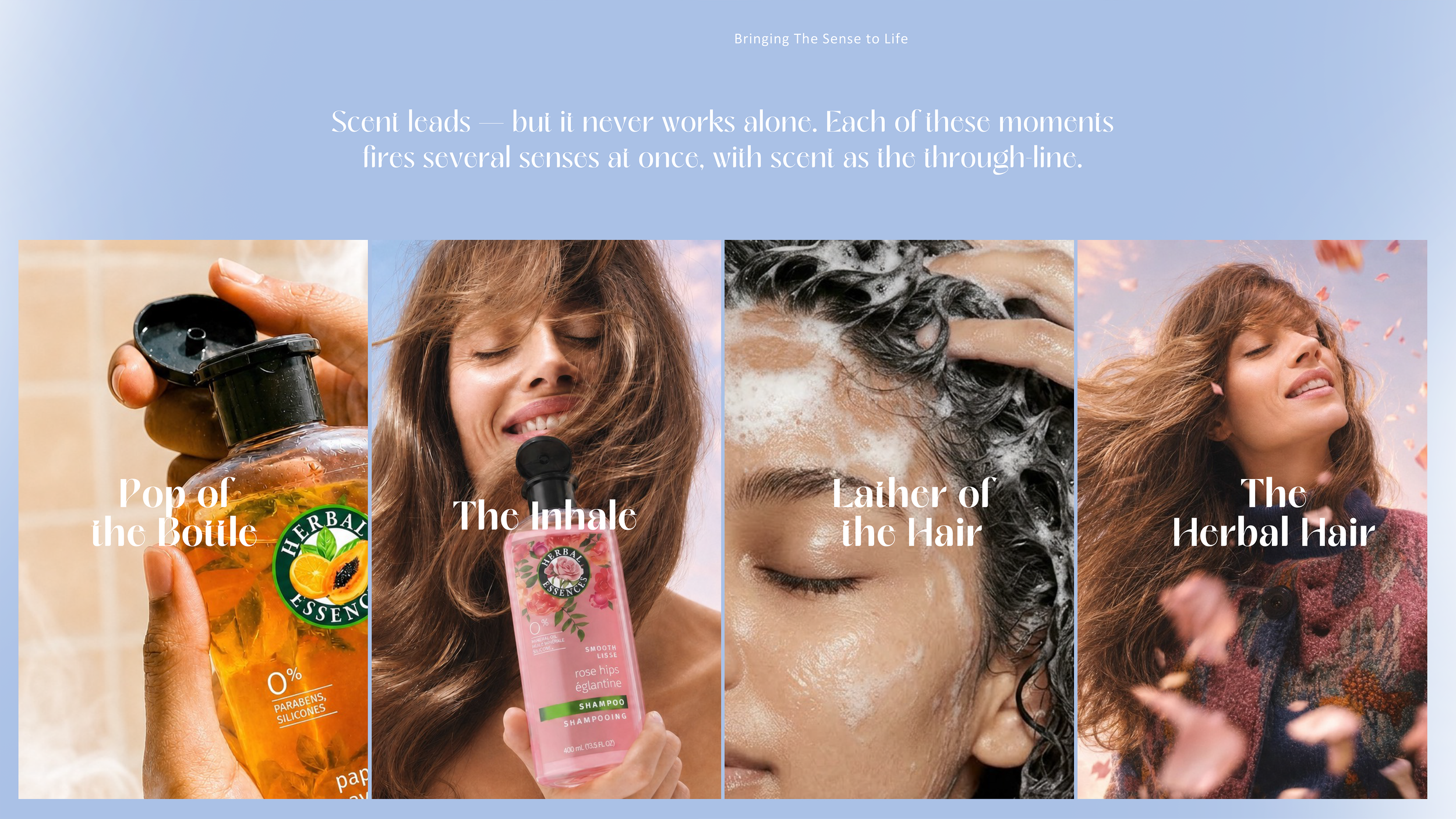 Herbal Essences hair care collage featuring botanical shampoo, a woman enjoying shampoo, lathered hair, and flowing herbal hair