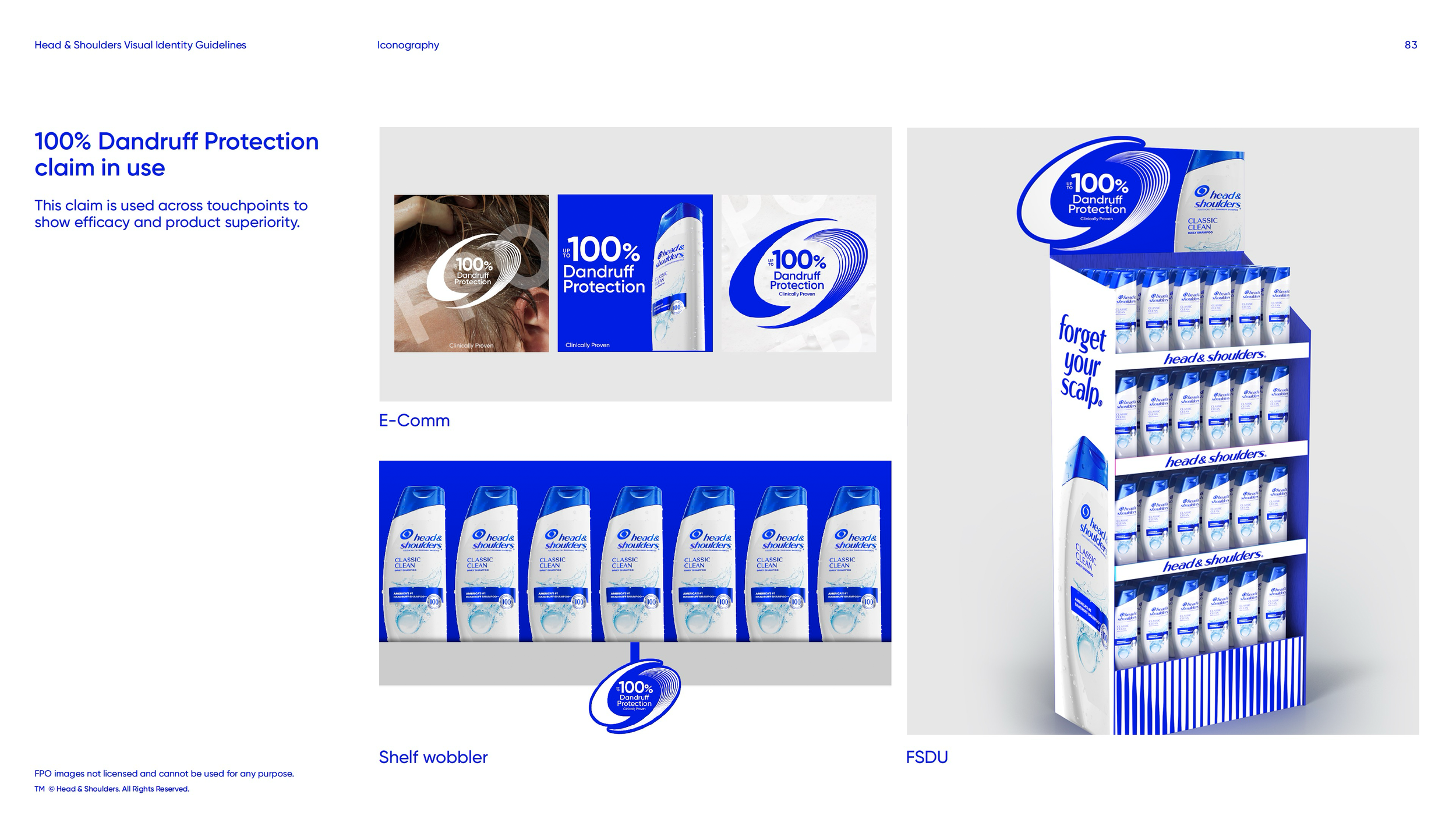 Head & Shoulders visual identity guidelines page showing 100% dandruff protection campaign graphics, Classic Clean shampoo bottles, a shelf wobbler, and a retail display unit.