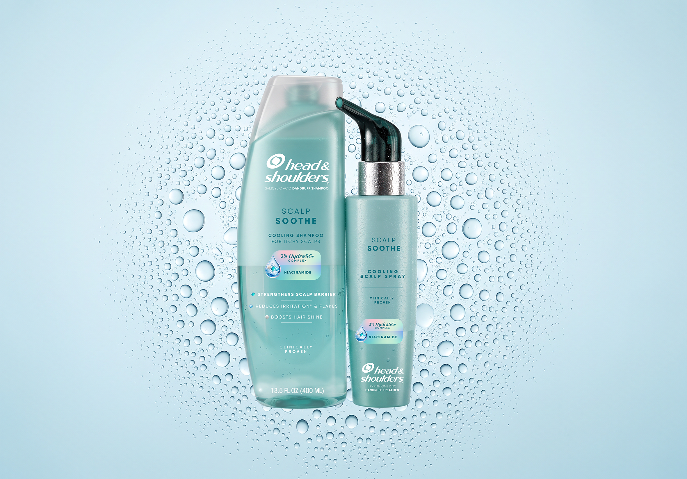 Head & Shoulders Scalp Soothe cooling dandruff shampoo and scalp spray bottles on a water-droplet background