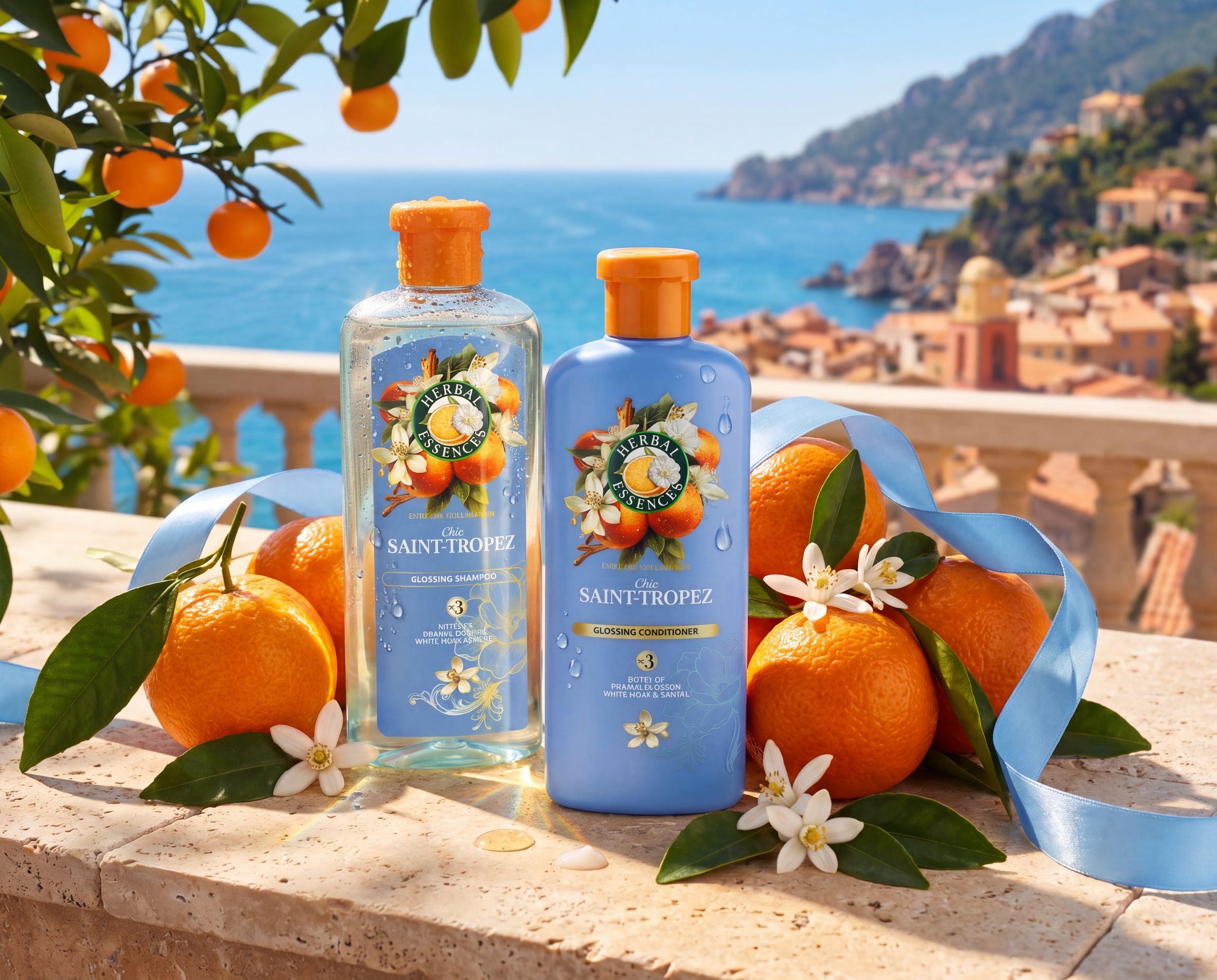 Chic Saint-Tropez herbal essence glossing shampoo and conditioner surrounded by oranges and citrus blossoms overlooking a Mediterranean coastal village