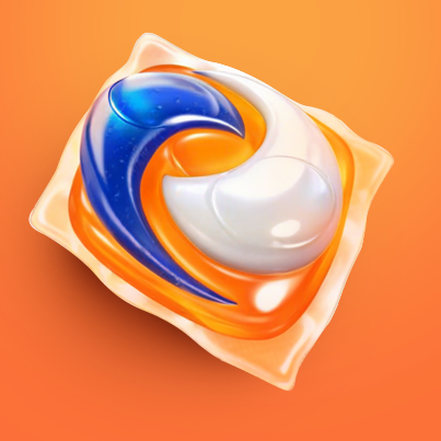 Blue, orange, and white laundry detergent pod on an orange background