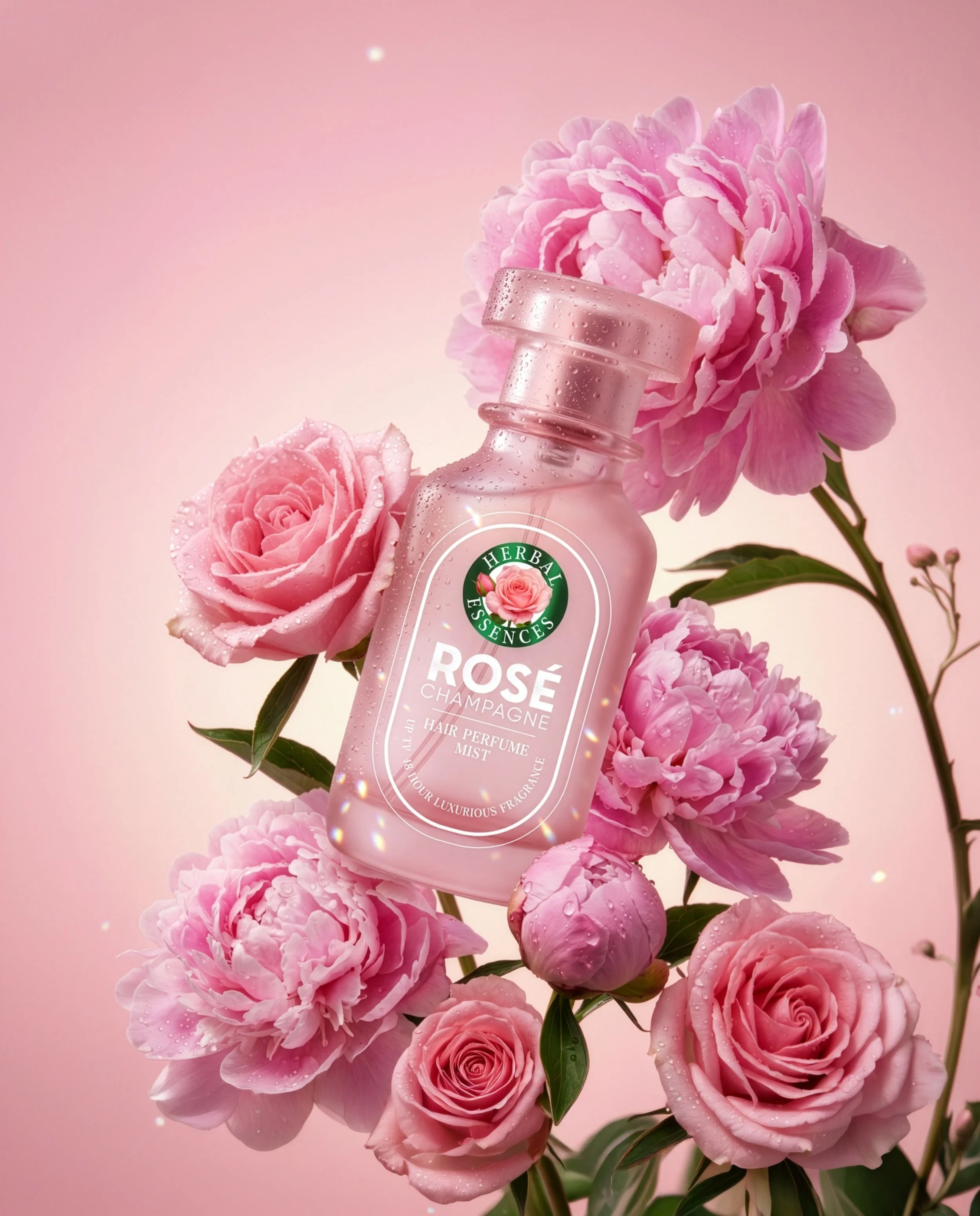 Pink Rose Champagne hair perfume mist bottle surrounded by dewy pink roses and peonies on a pink background