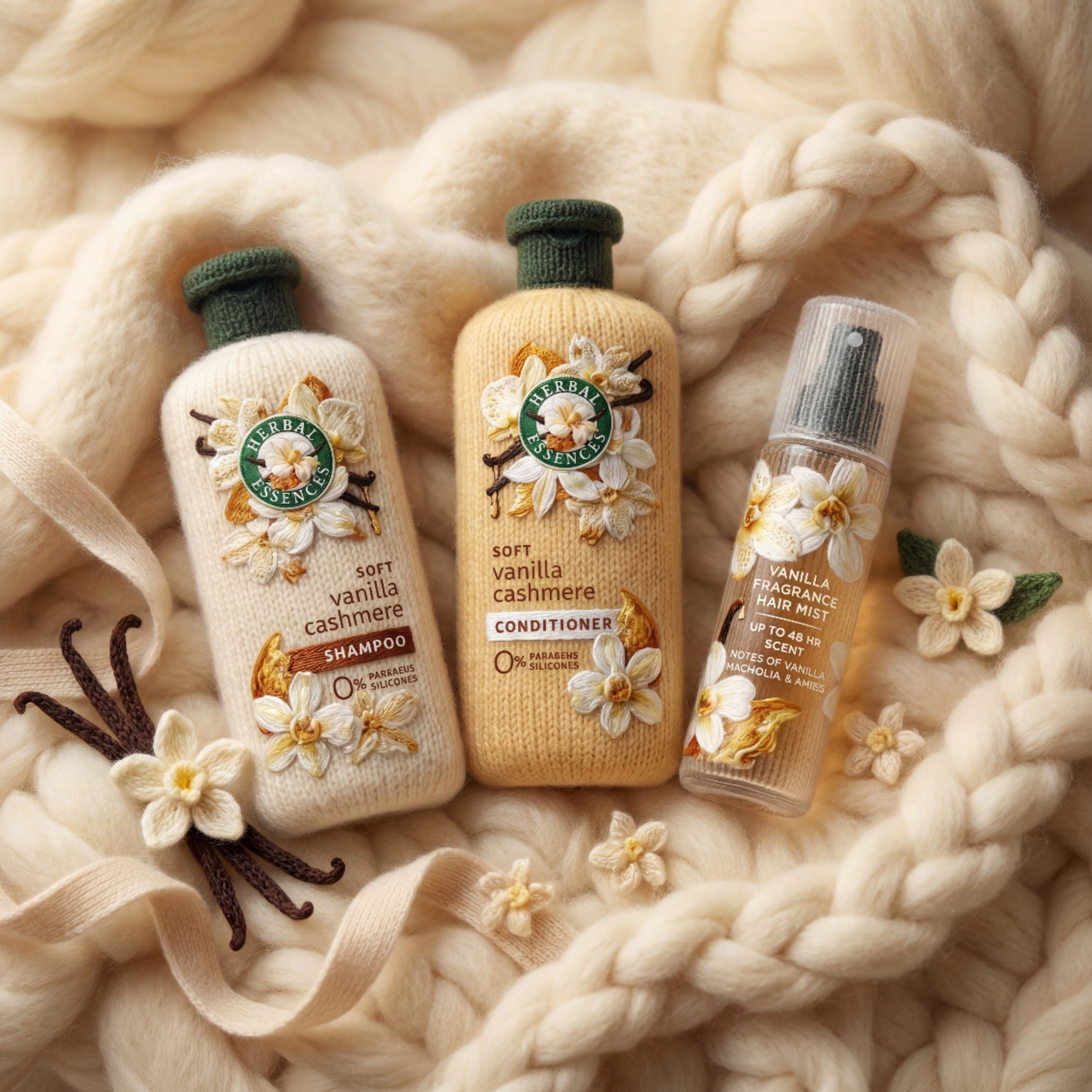Vanilla cashmere shampoo, conditioner, and fragrance hair mist bottles surrounded by wool, vanilla beans, and white flowers