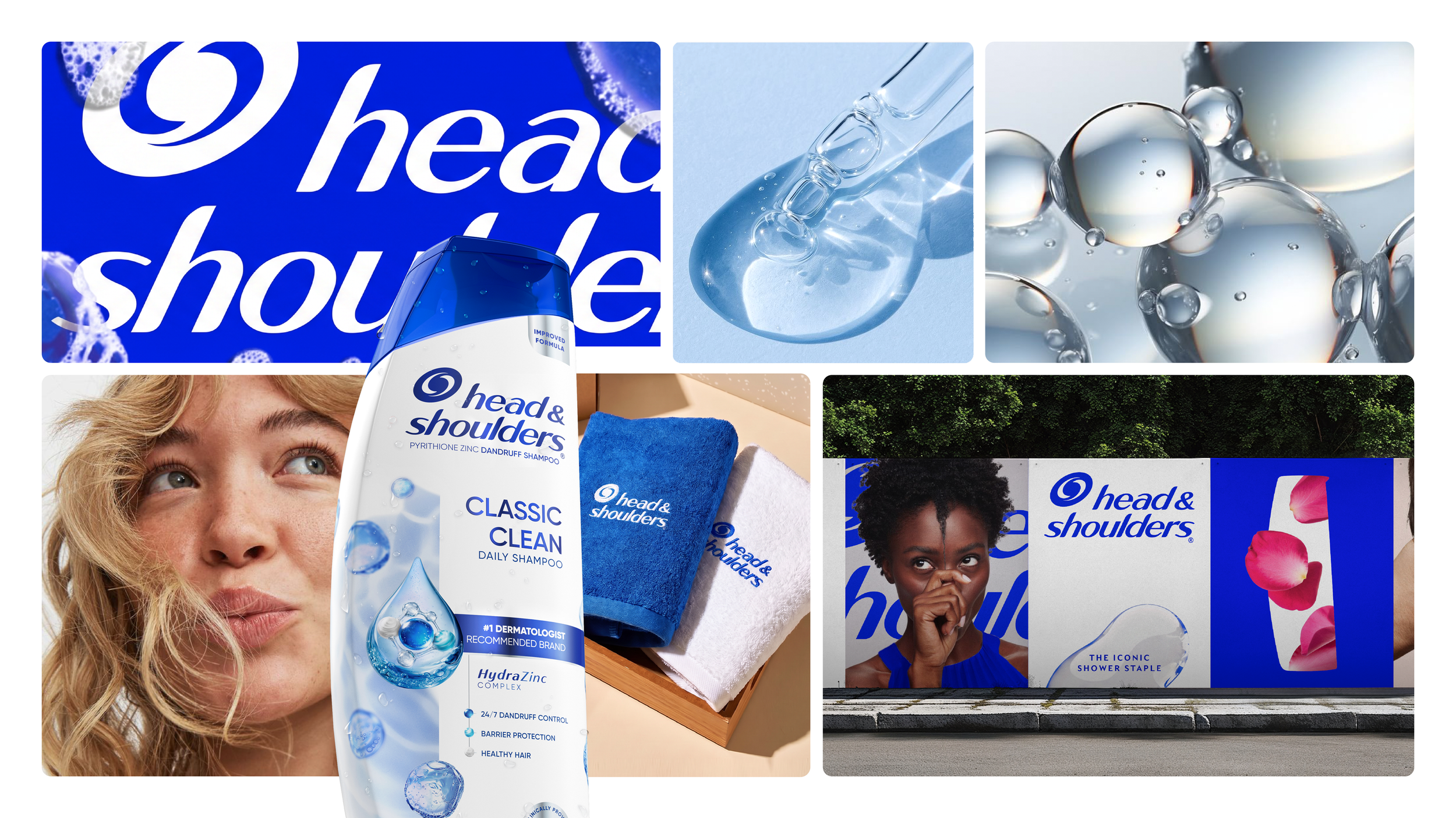Head & Shoulders Classic Clean anti-dandruff shampoo bottle surrounded by branded towels, hair-care imagery, molecular bubbles, and advertising panels.