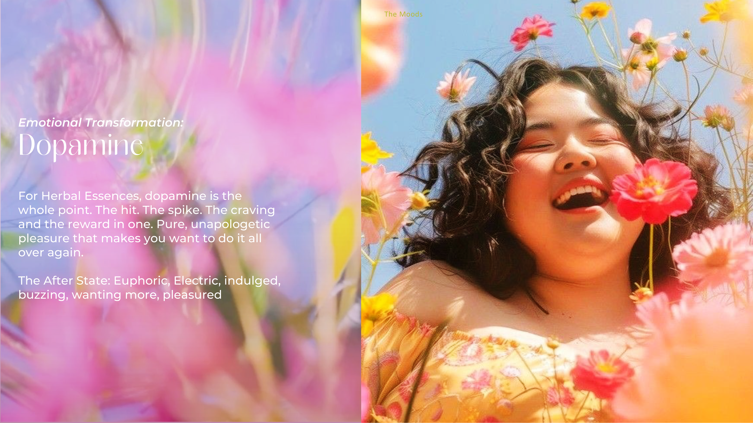 Dopamine-themed floral collage with text about euphoric emotional transformation and a joyful woman surrounded by colorful flowers.