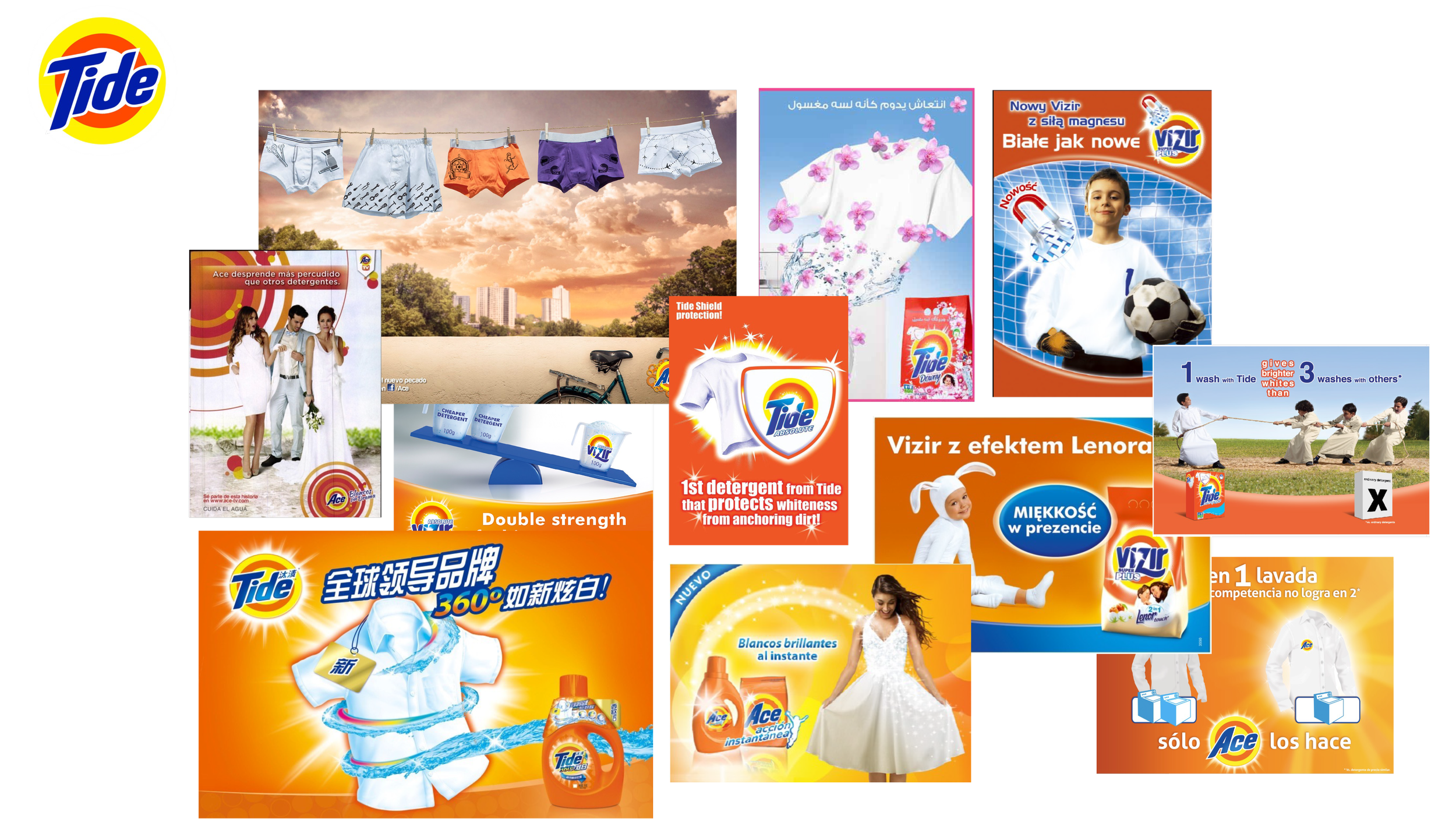 Collage of Tide and Ace laundry detergent advertisements featuring clean clothes, detergent products, and promotional models.
