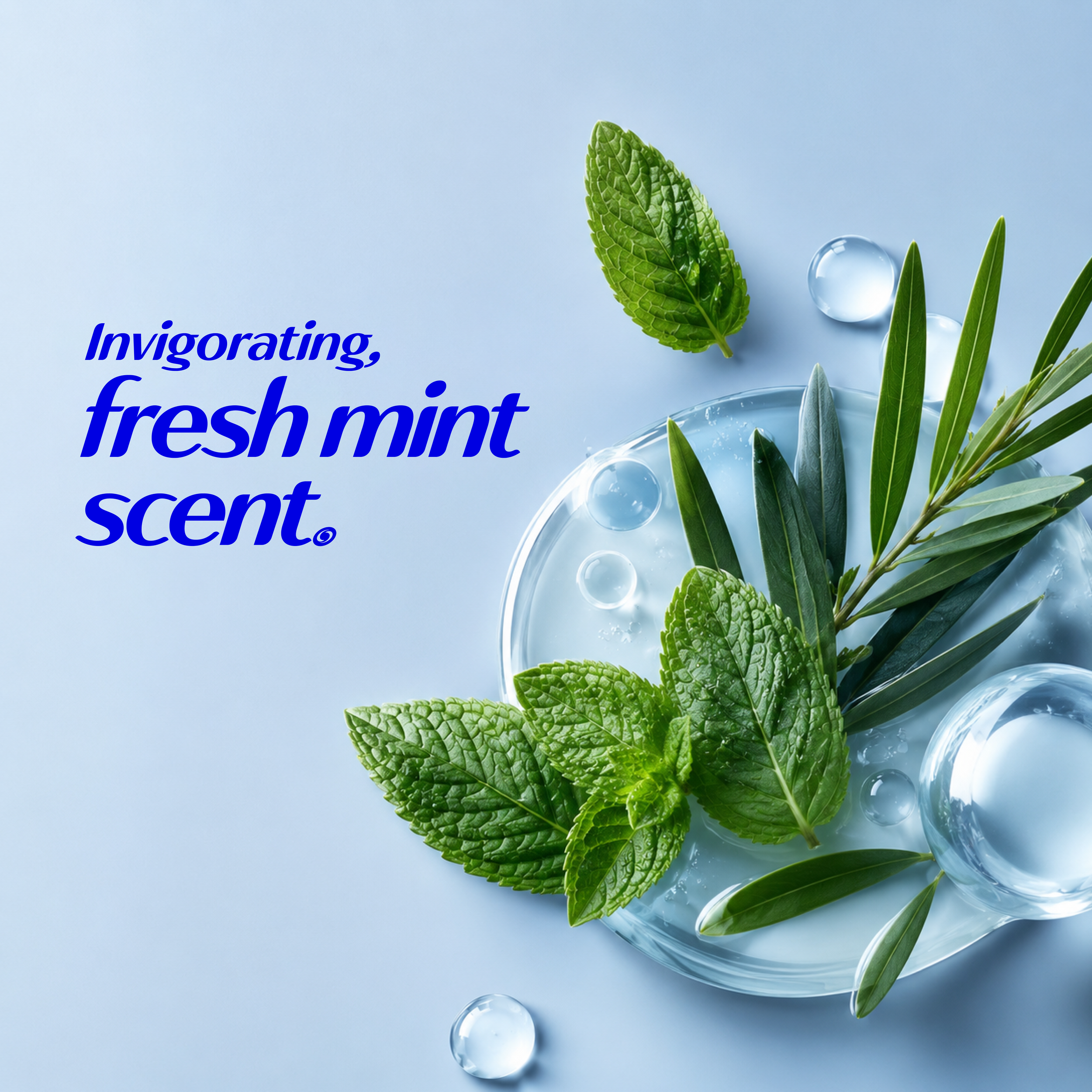 Fresh mint and olive leaves with water droplets on a blue background, featuring the text “Invigorating, fresh mint scent.”