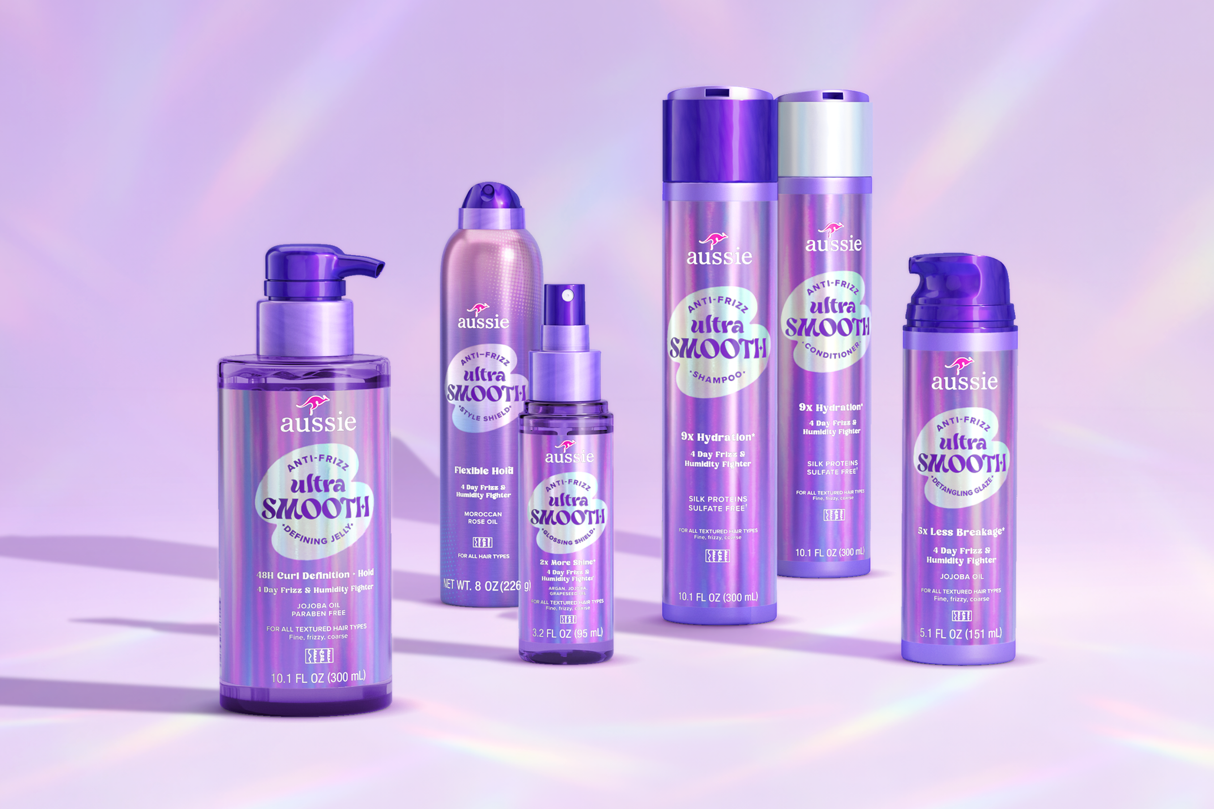 Aussie Ultra Smooth anti-frizz hair care products, including shampoo, conditioner, styling gel, and hair treatments, displayed against a purple background.