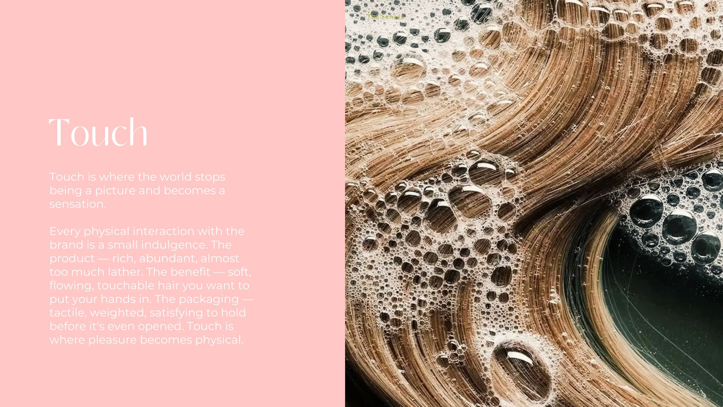Editorial page titled “Touch” beside a close-up of brown hair covered in rich white shampoo lather and bubbles.