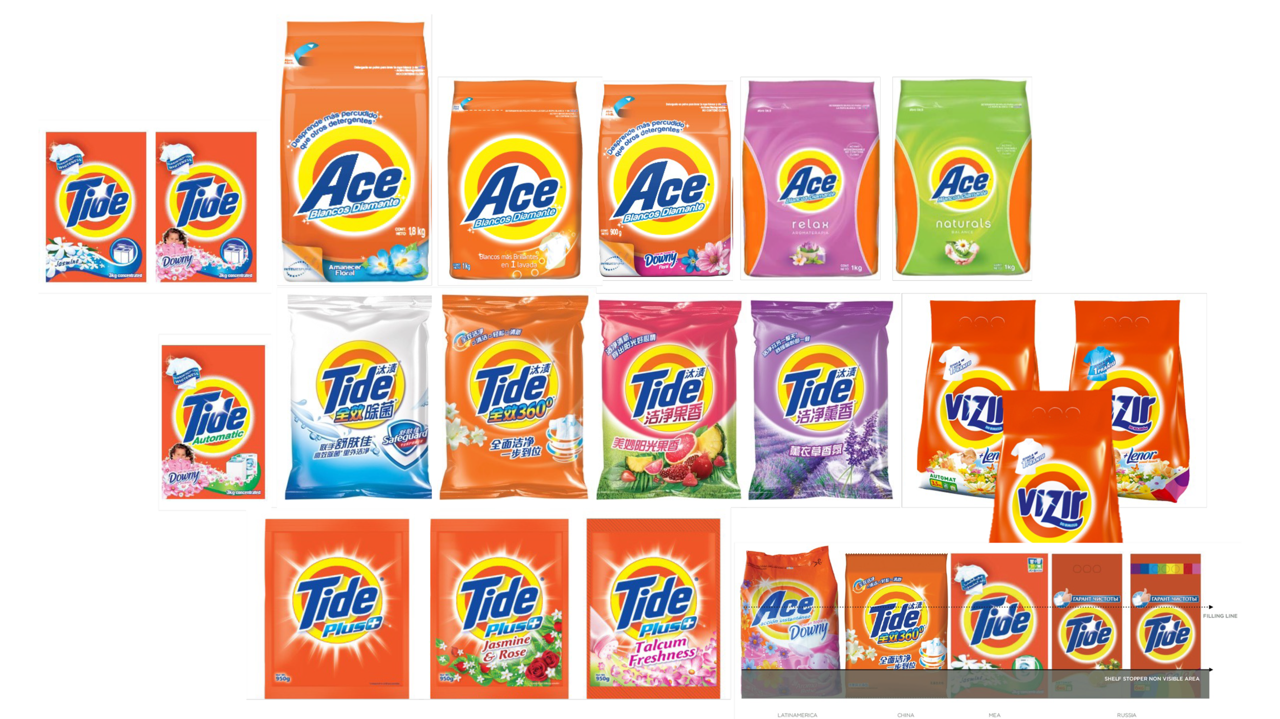 Collage of Tide, Ace, and Vizir laundry detergent packages in various colors, sizes, and fragrances.