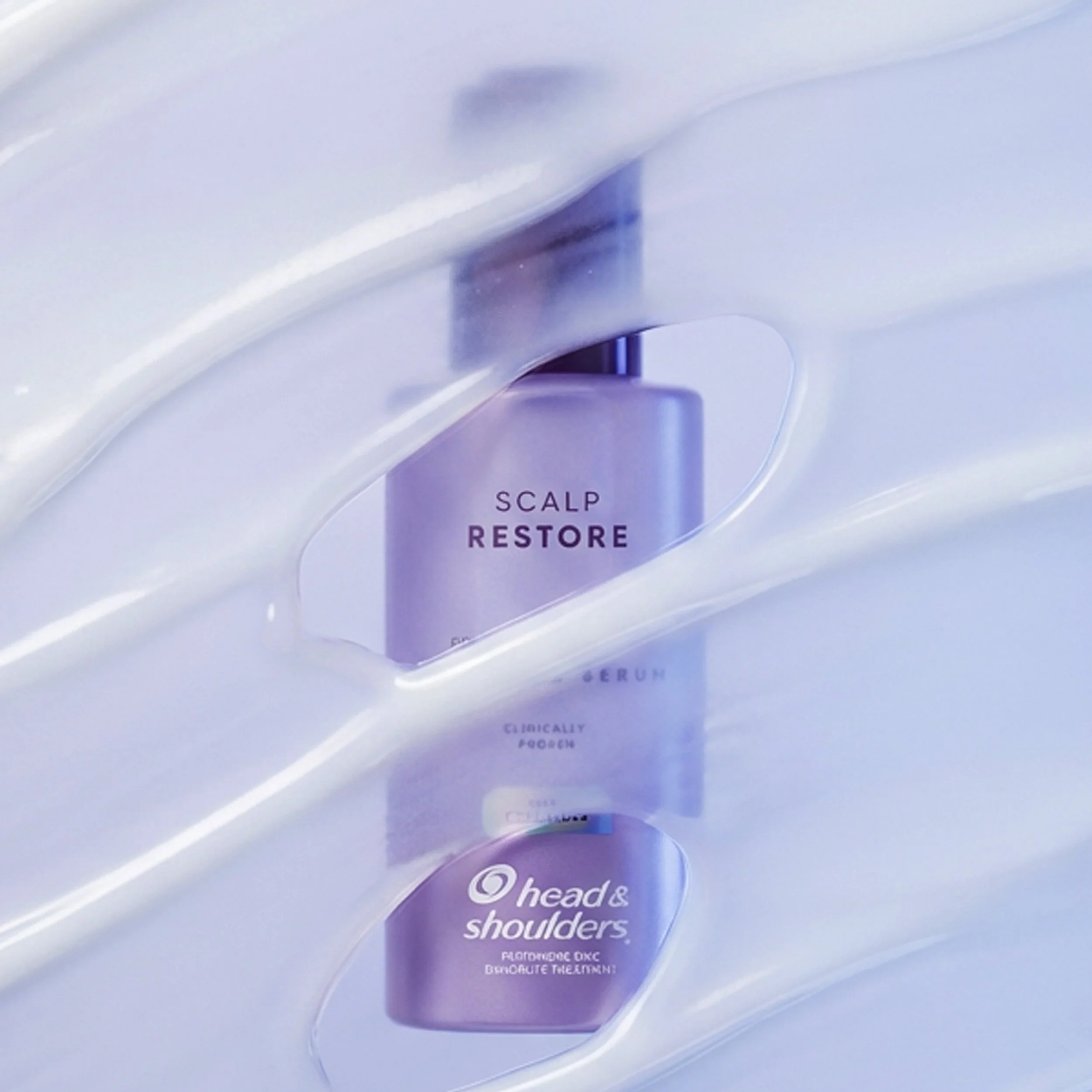 Head & Shoulders Scalp Restore anti-dandruff shampoo bottle in a white bathroom shelf niche