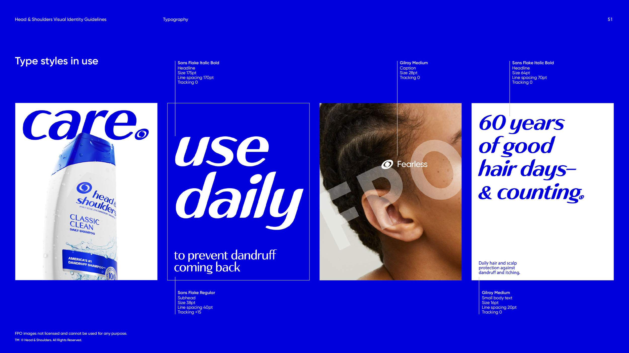 Head & Shoulders visual identity guidelines page showing typography styles, Classic Clean shampoo bottle, hair-and-scalp photograph, and promotional text examples on a blue background.