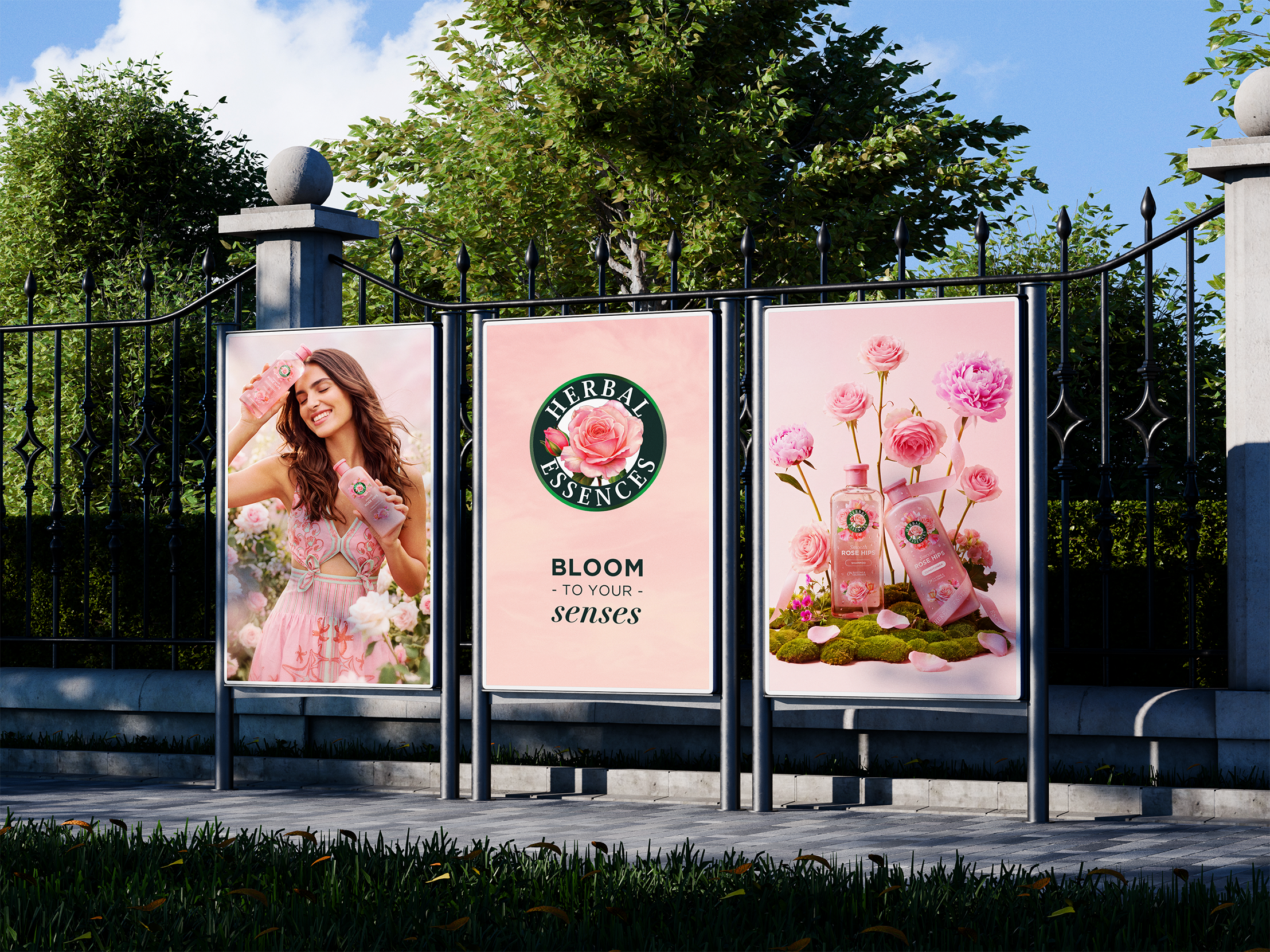 Herbal Essences Bloom to Your Senses outdoor advertising posters featuring rose-scented shampoo and conditioner.