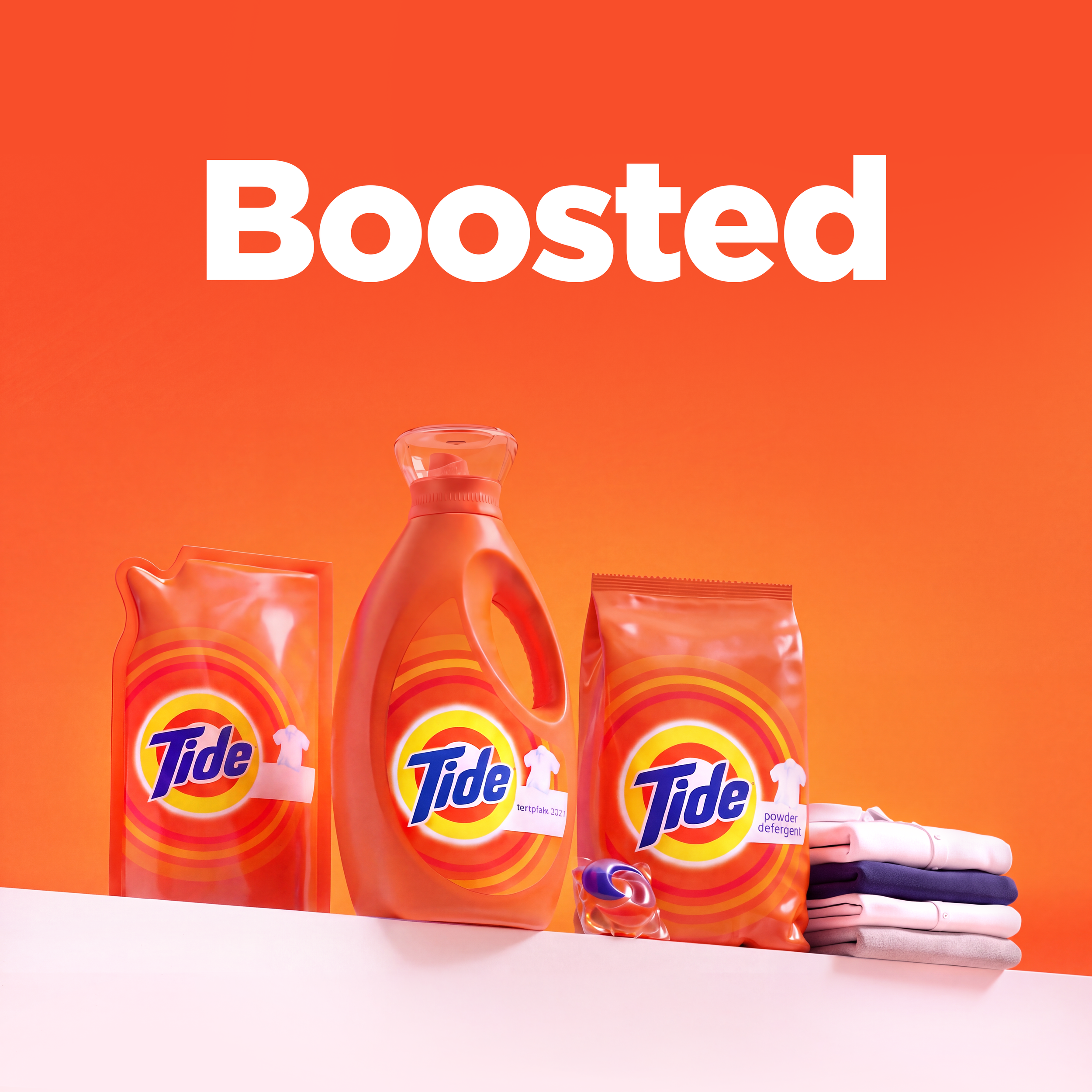 Tide laundry detergent products with pods and folded clothes beneath large white text reading “Boosted” on an orange background