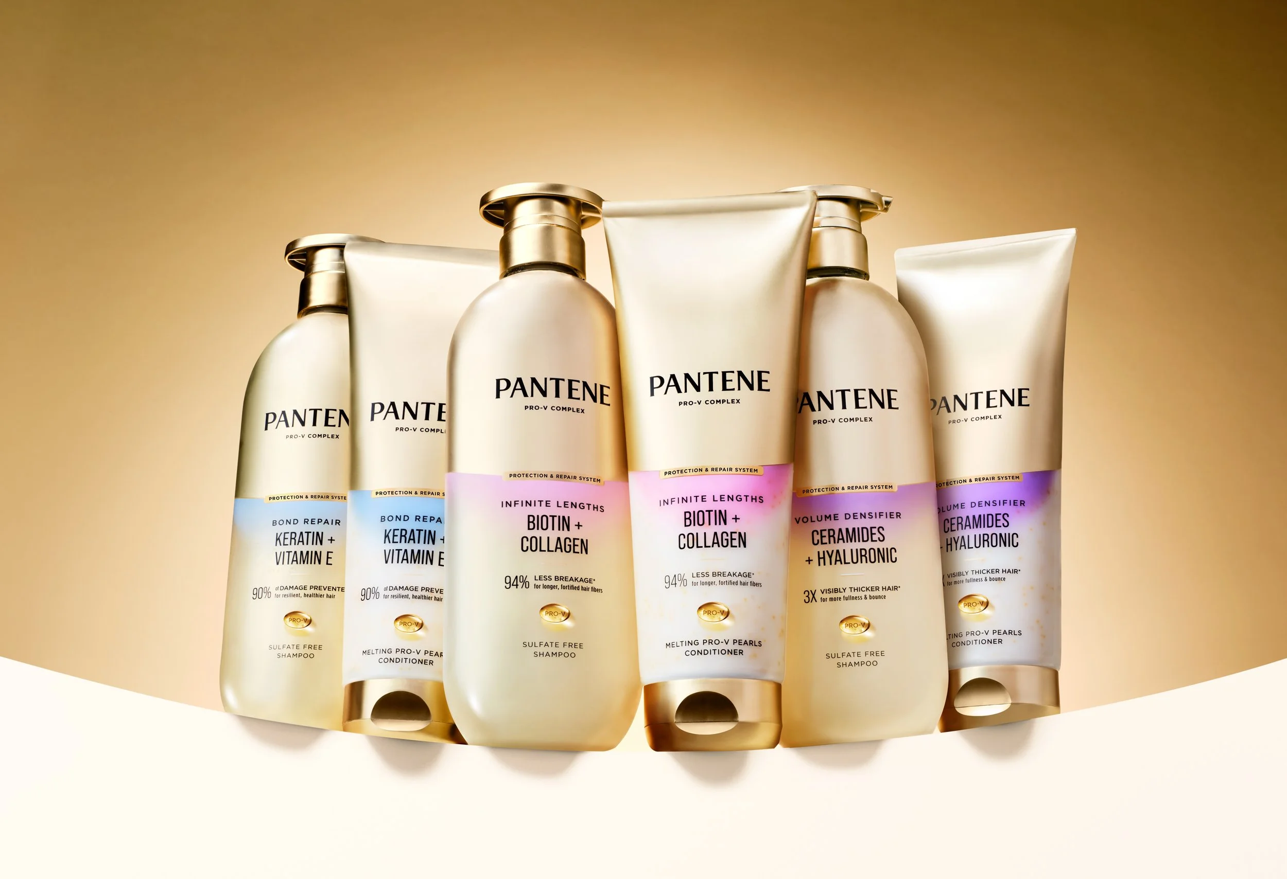 Pantene Pro-V shampoo and conditioner bottles featuring keratin, biotin, collagen, ceramides, and hyaluronic acid formulas