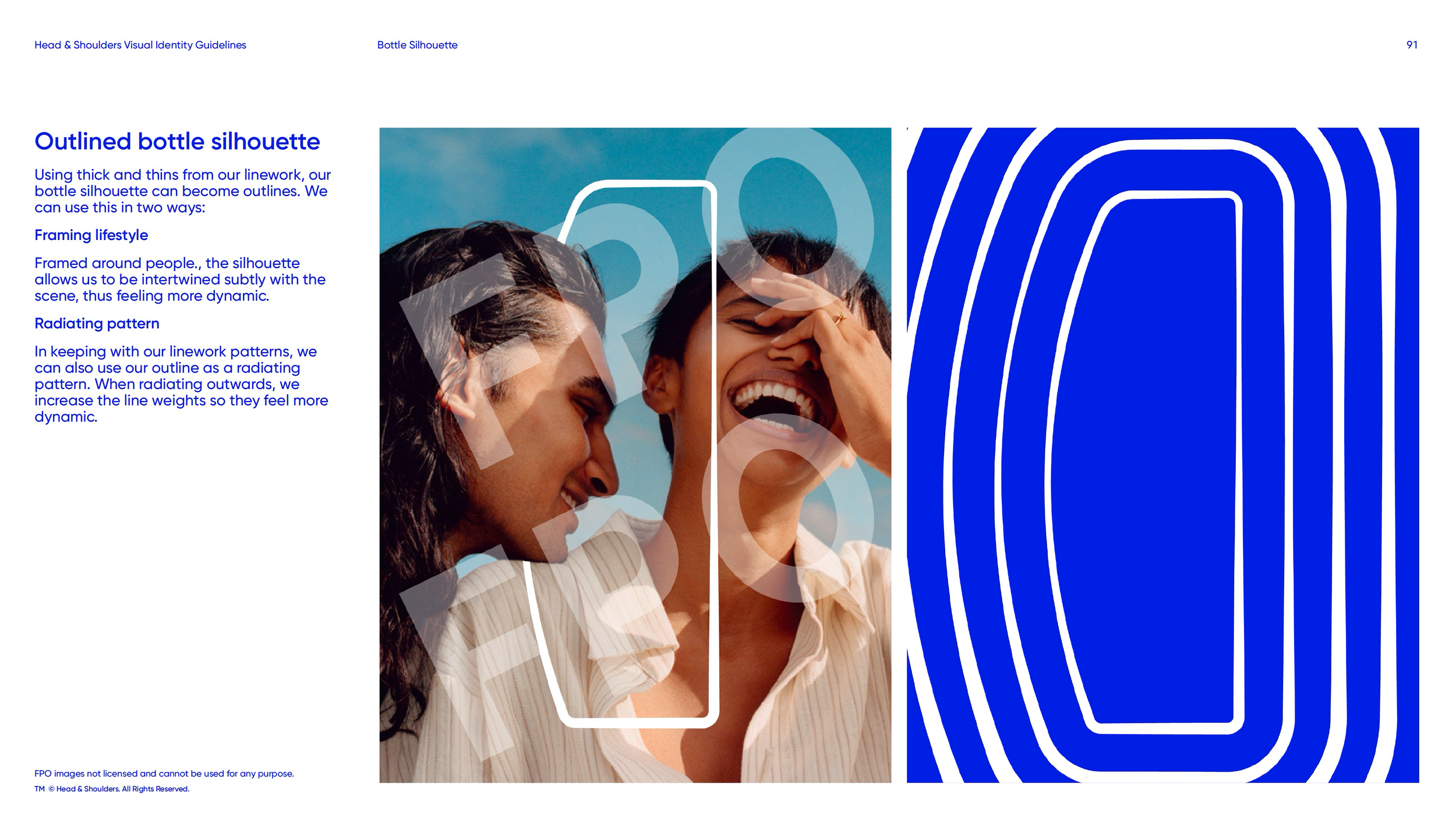Head & Shoulders visual identity guideline page showing an outlined bottle silhouette over a photo of two laughing people and a bold blue radiating-line pattern.