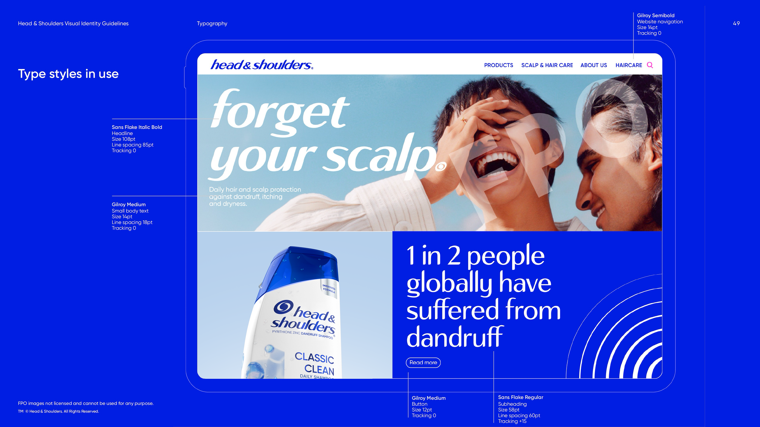 Head & Shoulders visual identity guideline showing a blue website mockup with smiling people, Classic Clean shampoo bottle, and anti-dandruff messaging