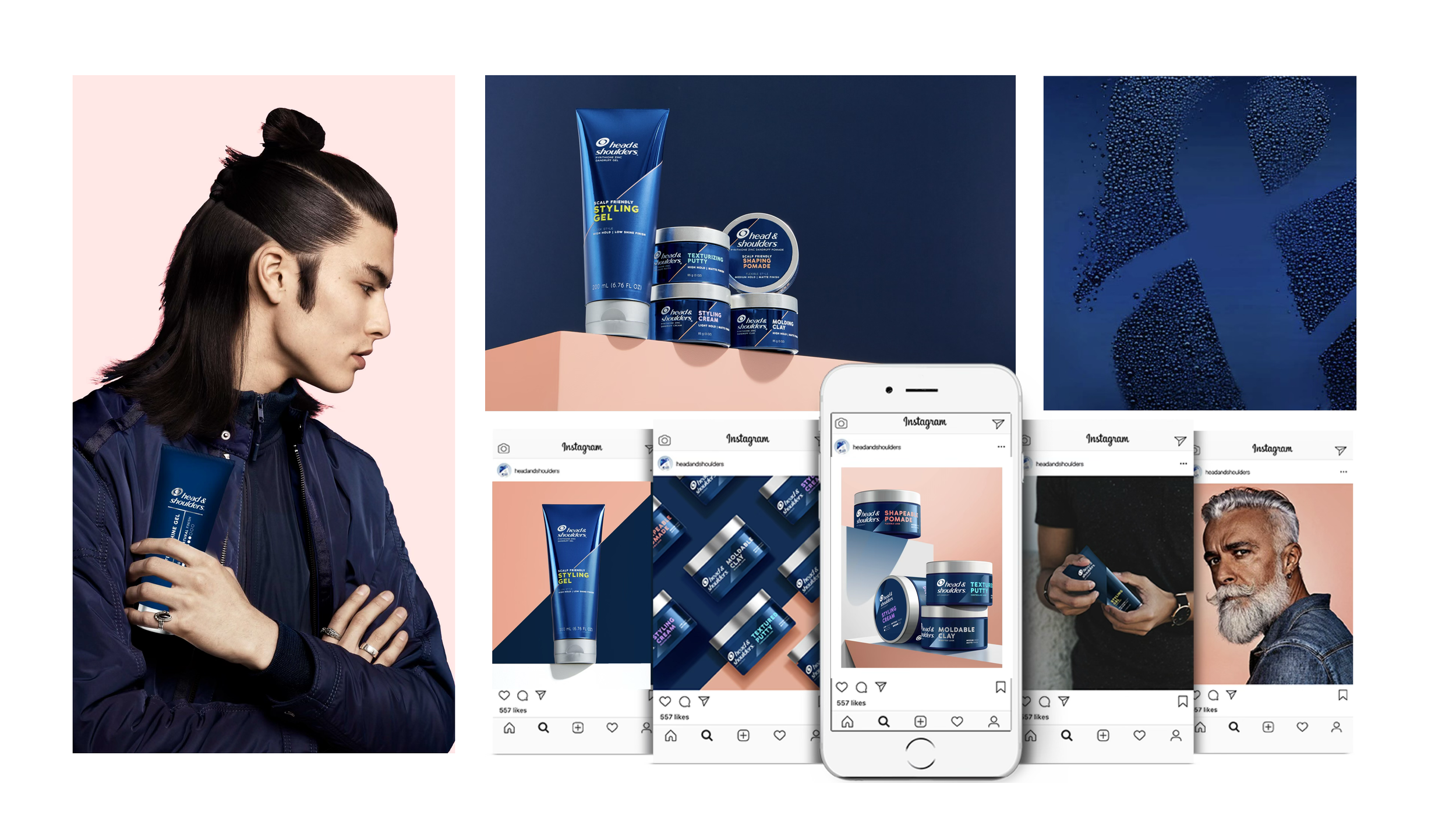 Head & Shoulders styling products displayed in a social media campaign collage with models and Instagram posts