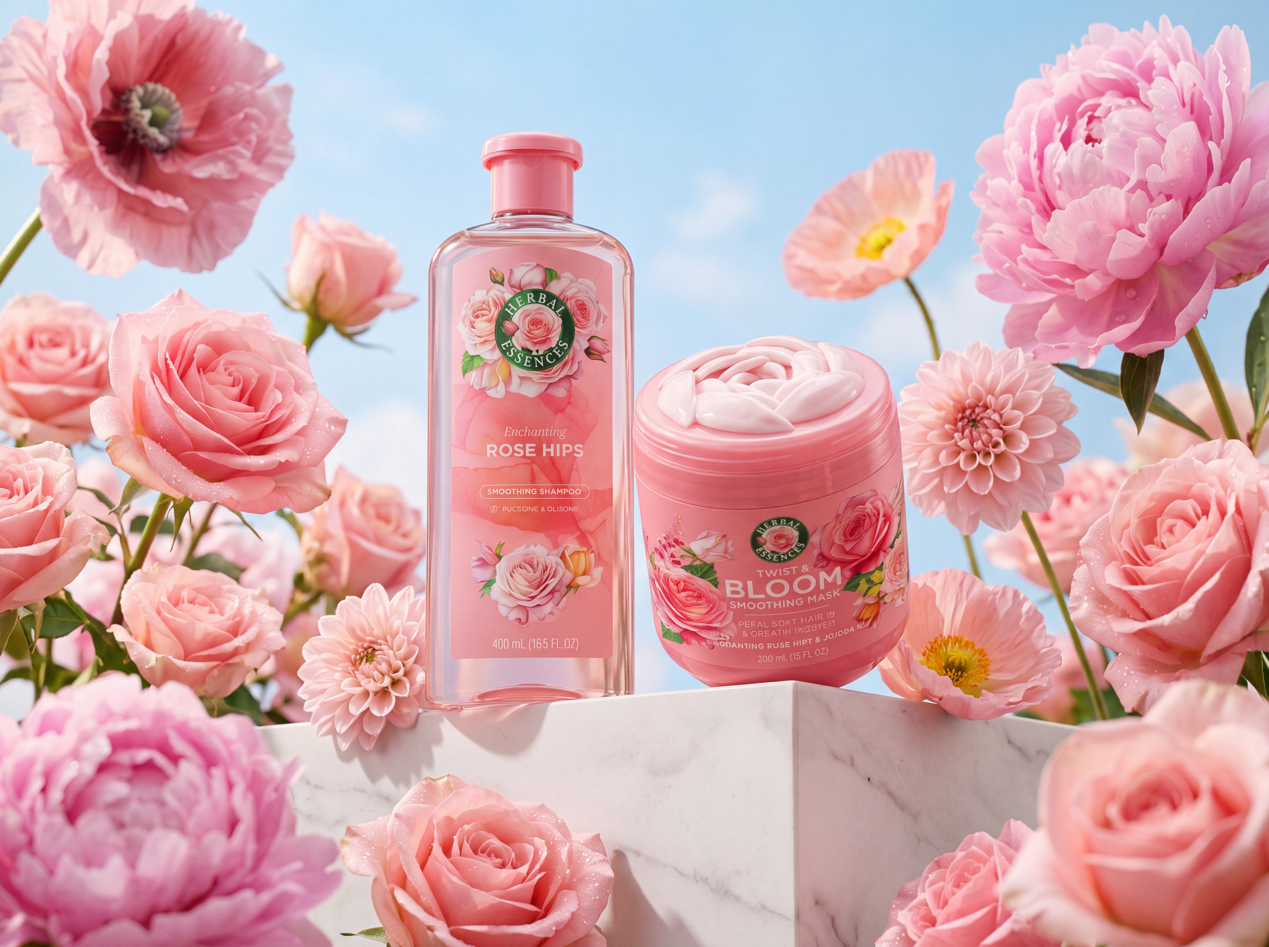 Pink Herbal Essences Rose Hips smoothing shampoo and Twist & Bloom smoothing hair mask surrounded by pink flowers