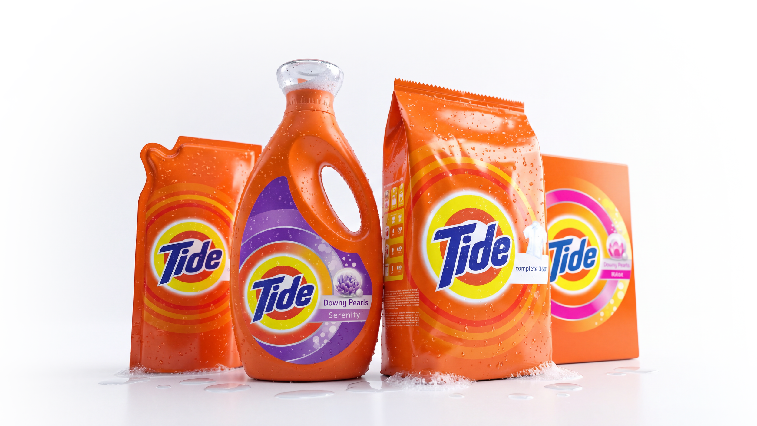 Assorted orange Tide laundry detergent bottles and packaging, including Downy Pearls Serenity, covered in water droplets on a white background.