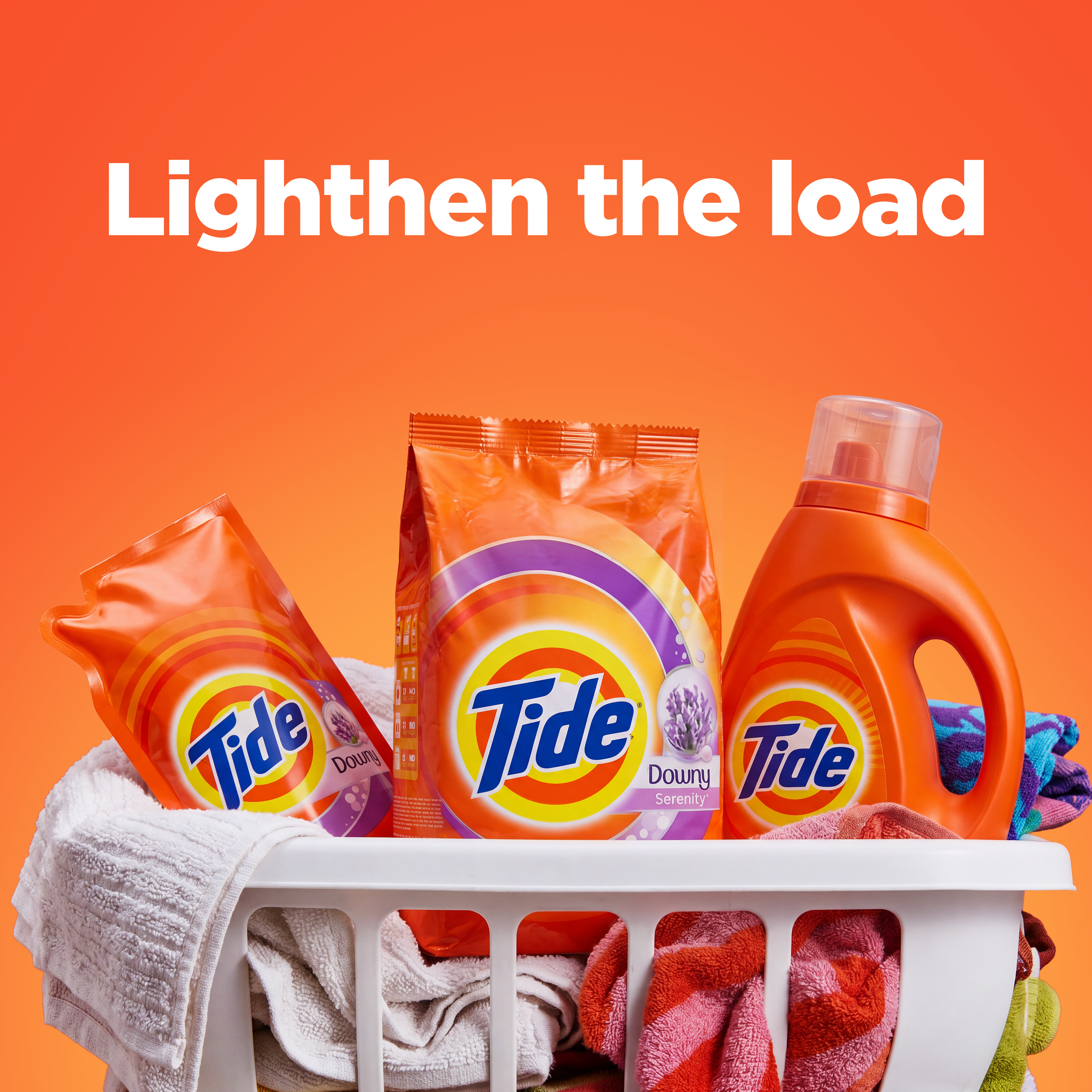 Tide Downy laundry detergent products in a white basket with colorful towels and the words “Lighten the load”