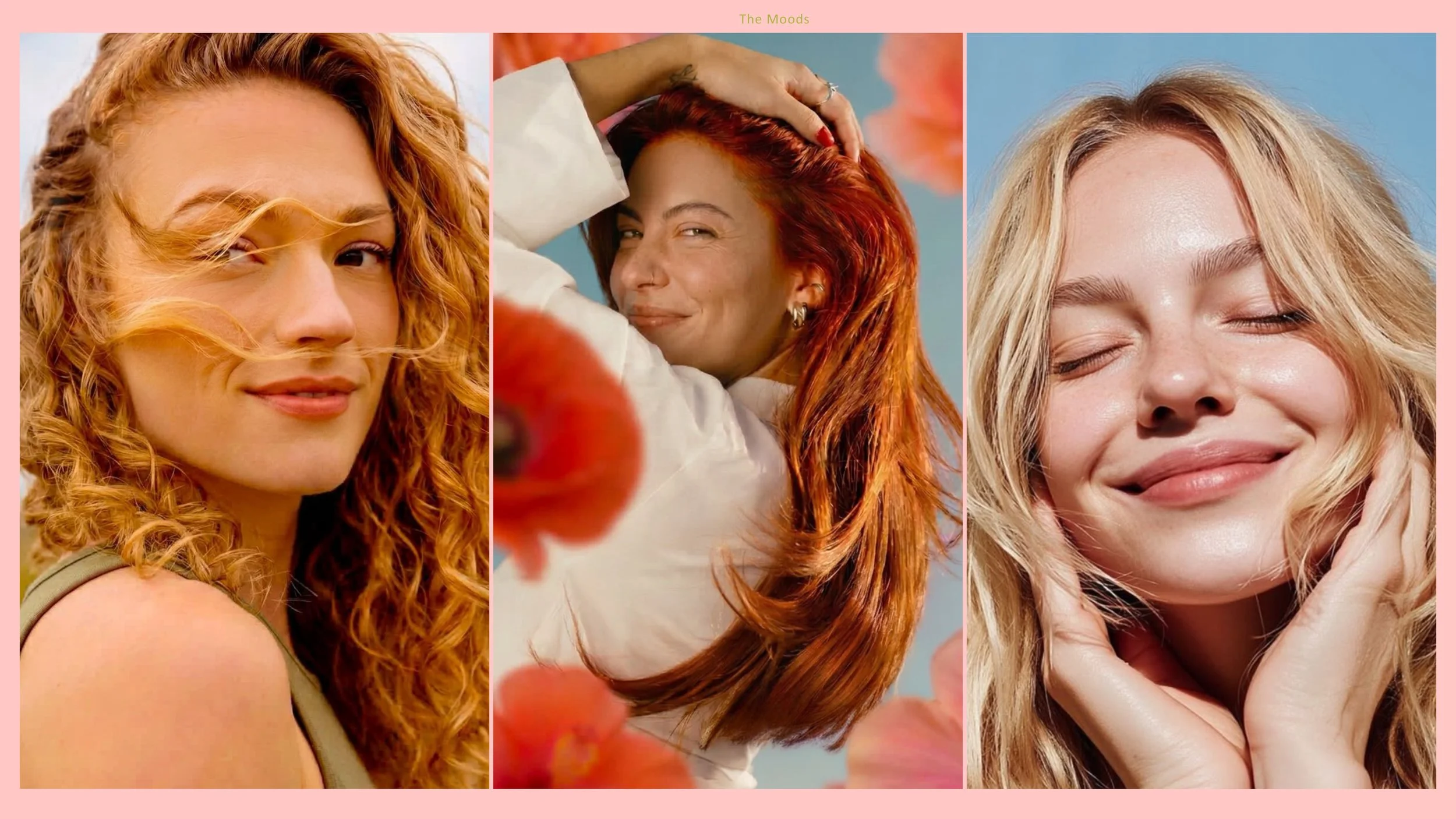 Collage of three close-up portraits of women with blonde, red, and wavy blonde hair, labeled “The Moods.”