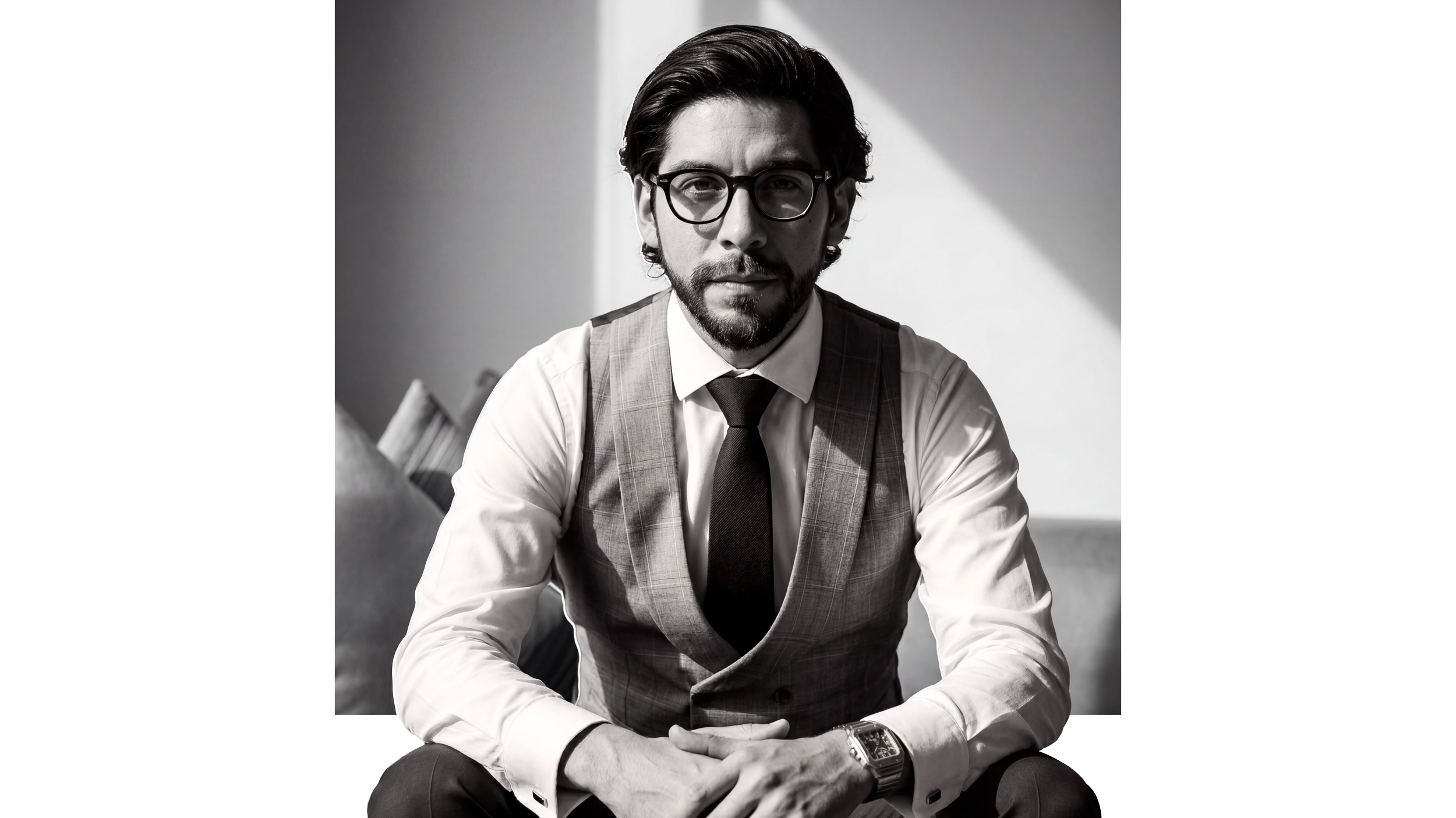 Black-and-white portrait of a bearded man wearing glasses, a dress shirt, tie, and plaid vest.