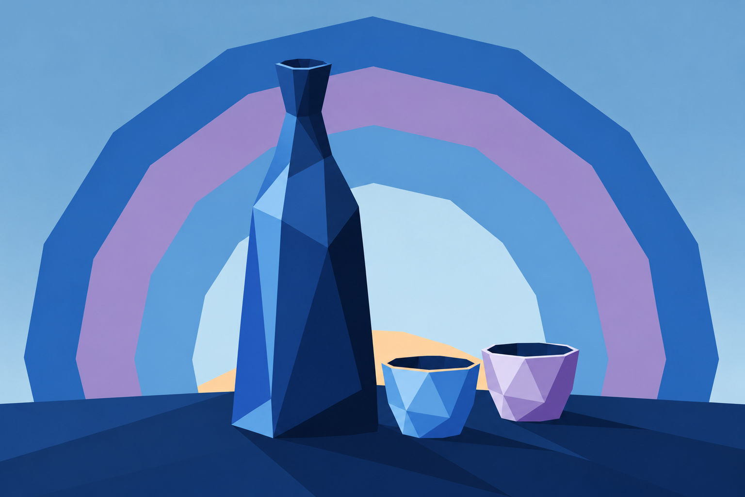 Angular blue sake bottle and two cups beneath blue and purple sunrise rings