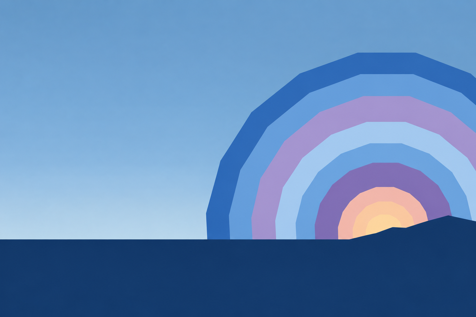 Stylized Santa Fe sunrise with angular blue and purple rings above a dark desert horizon