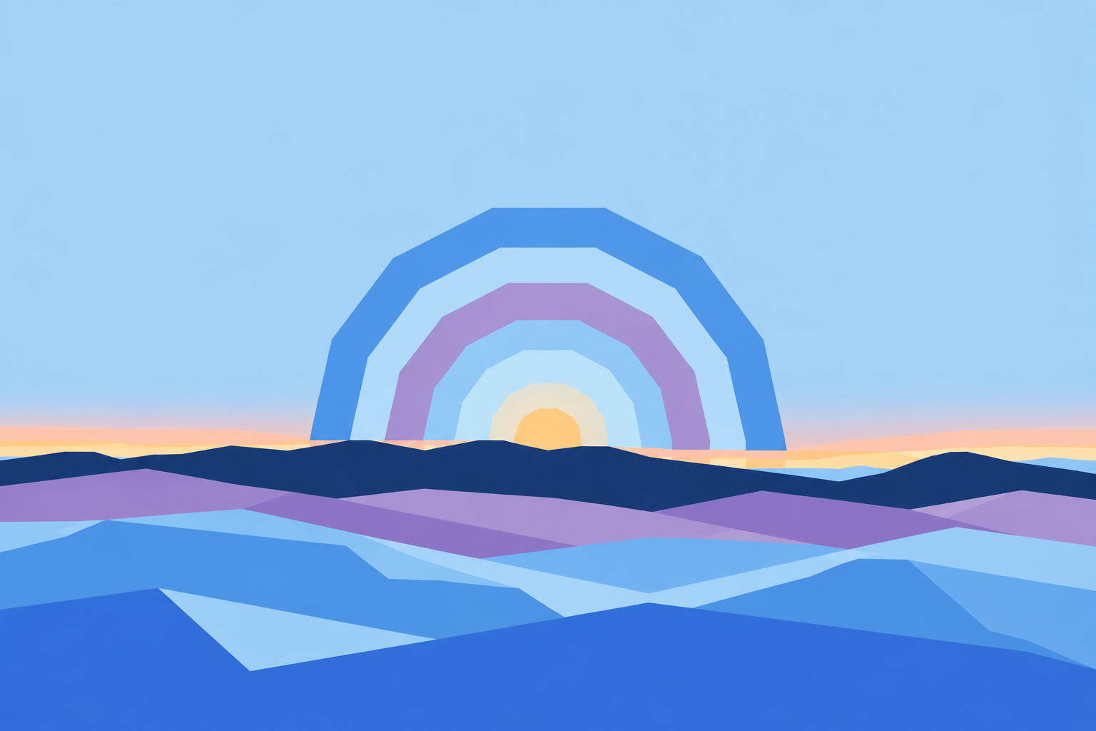 Blue and purple angular desert hills beneath a Santa Fe sunrise with concentric rings