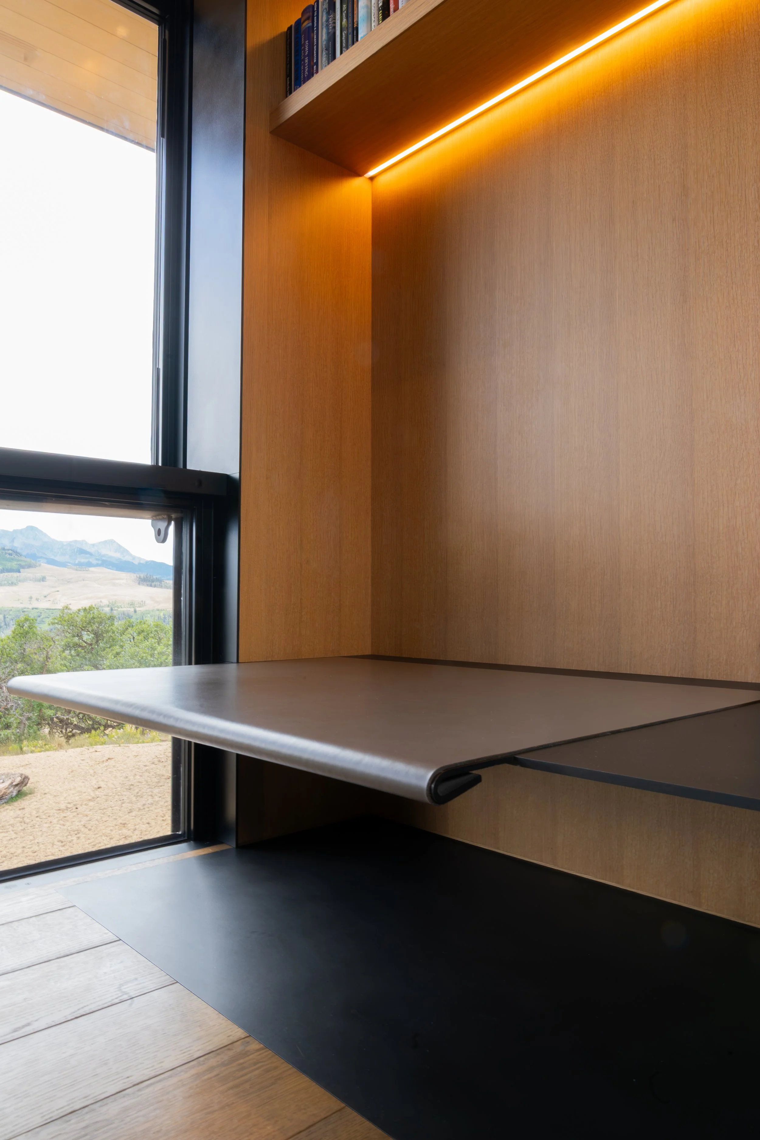 Interior view of a modern room with a large window, wooden walls, a built-in shelf with books and a scenic landscape outside.