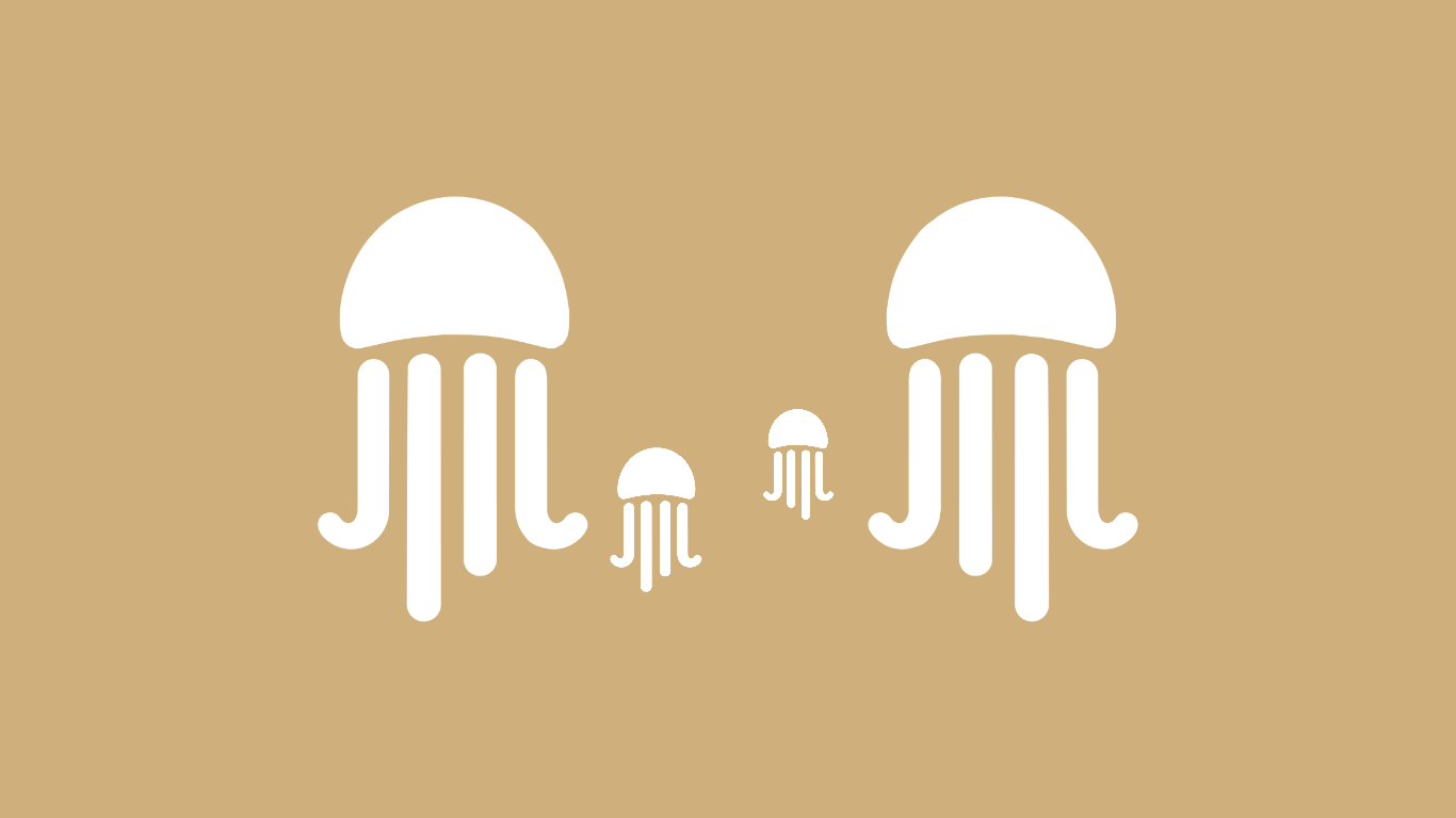 Ilustración de varios medusas blancas de diferentes tamaños sobre un fondo beige.