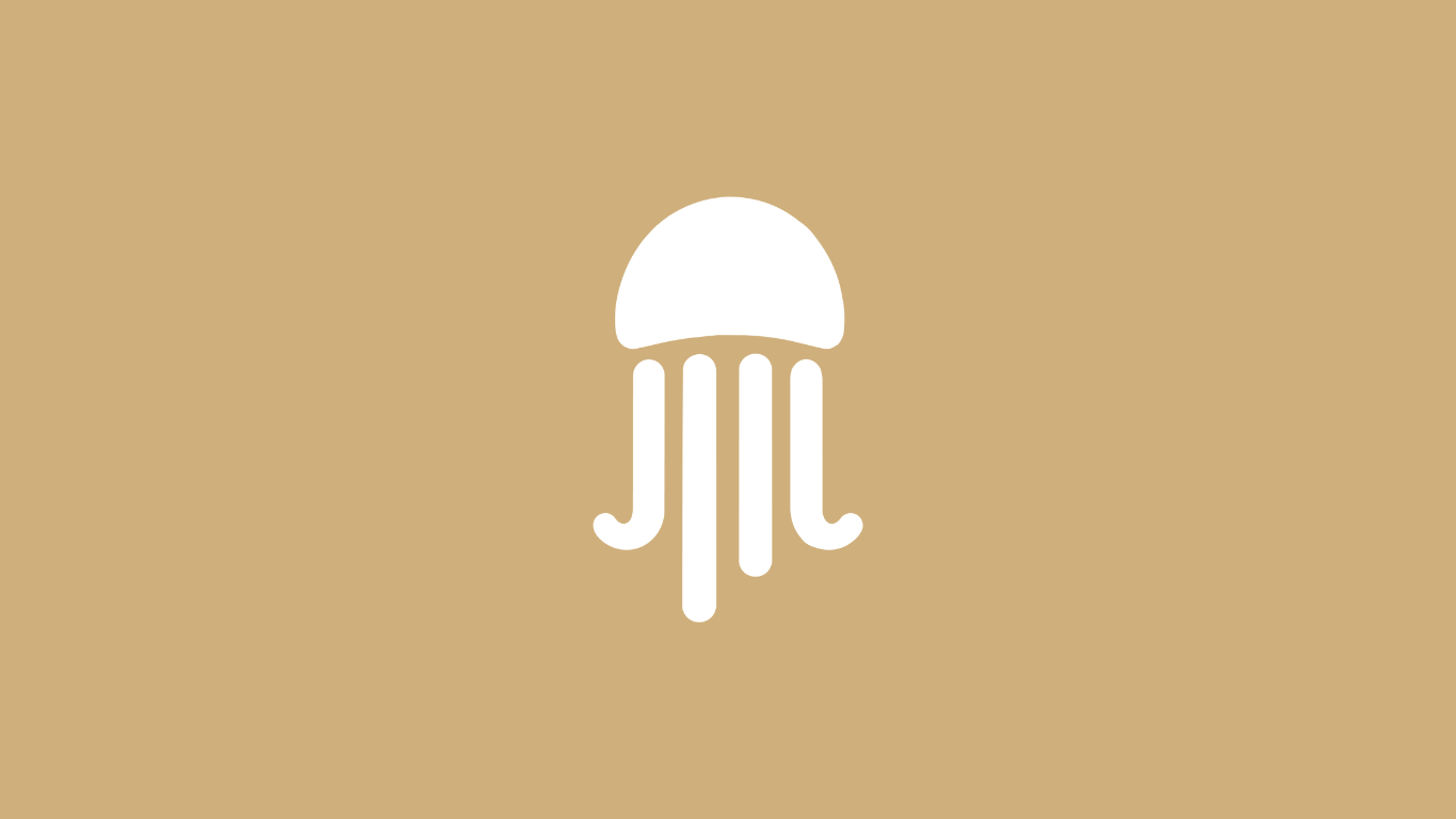 Icono blanco de medusa o anémona marina sobre fondo beige.