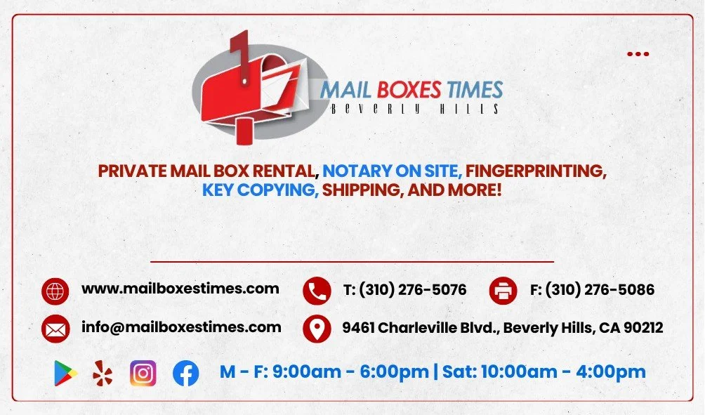 Mail Boxes Times business card, services side