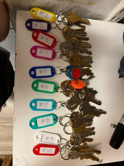 Numbered key tags and keys on the Mail Boxes Times counter