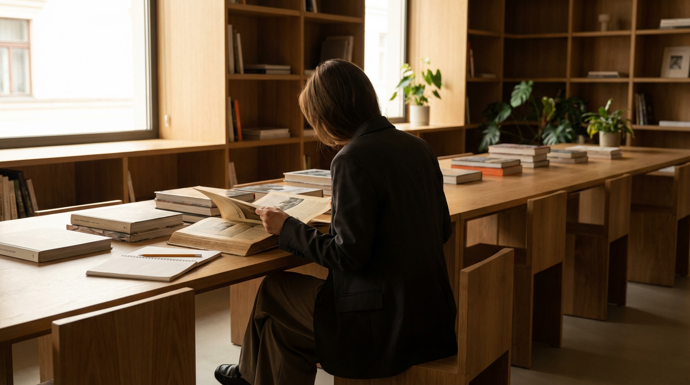 A person sits at a wooden table in a library, reading a book, surrounded by piles of other books, with a window and potted plants in the background.