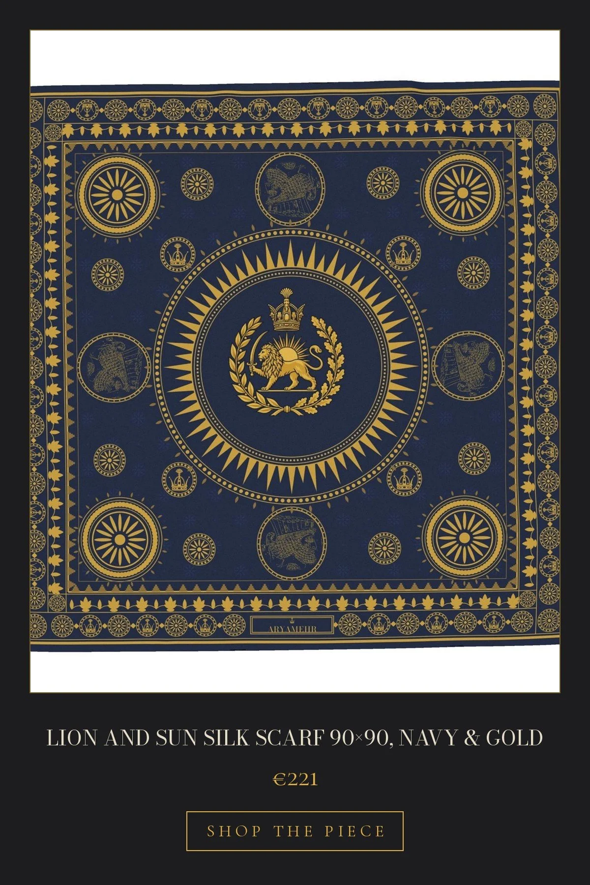 Lion and Sun Silk Scarf 90×90, Navy & Gold | €221