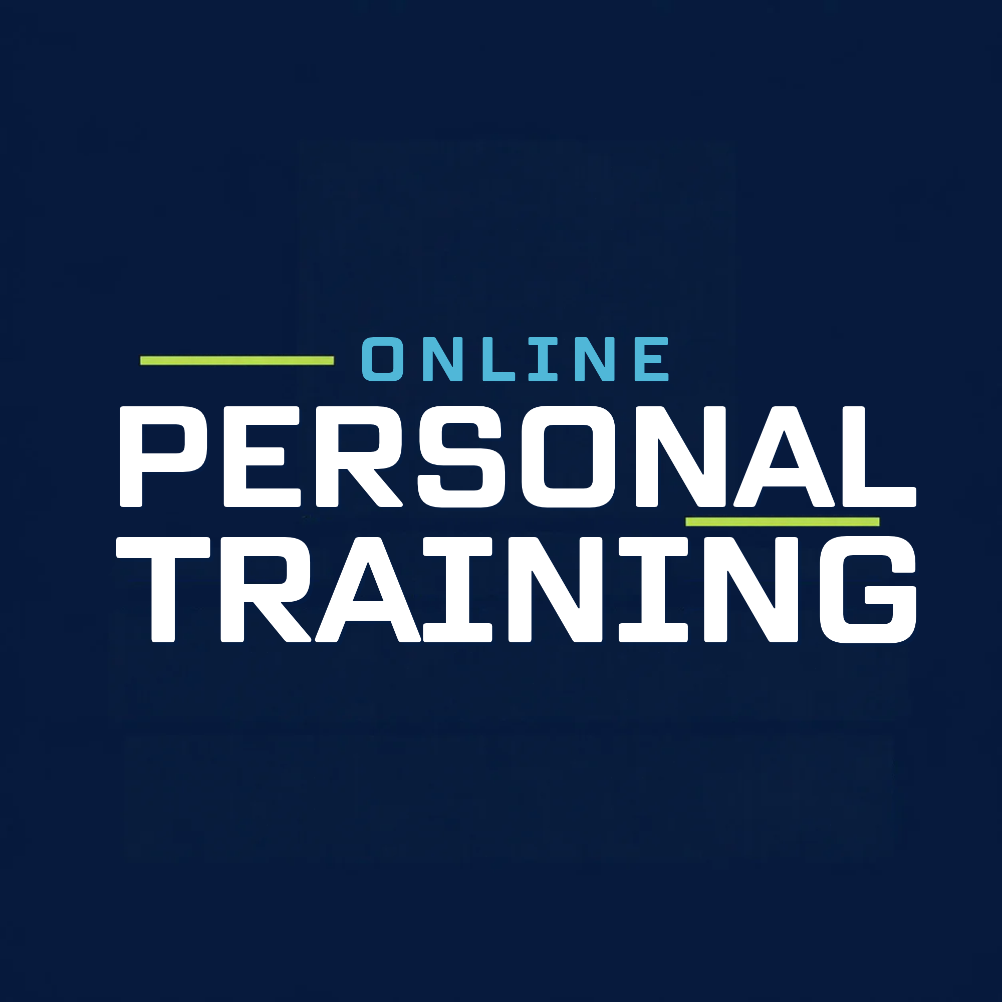 Close-up of an online personal training service logo with dark blue background and light blue and green text.