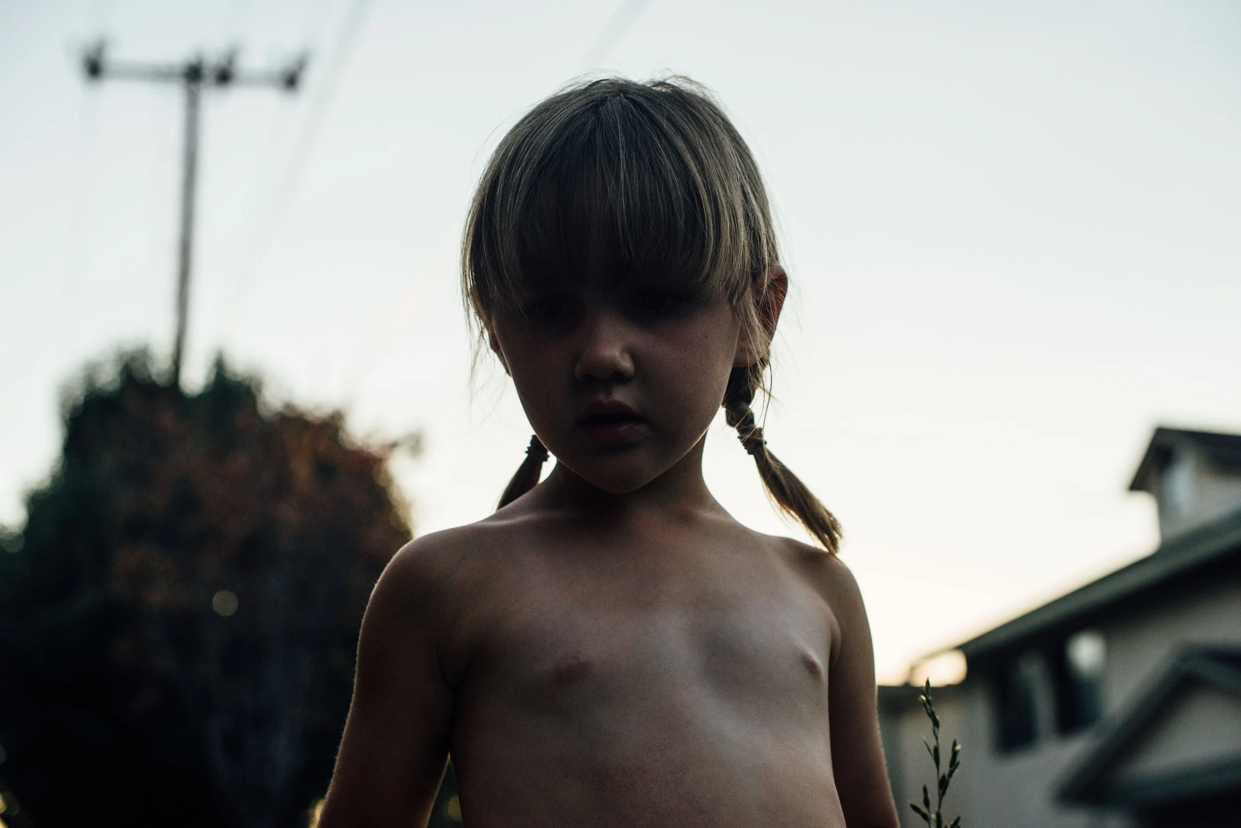 A young girl with braided hair standing outdoors during dusk.