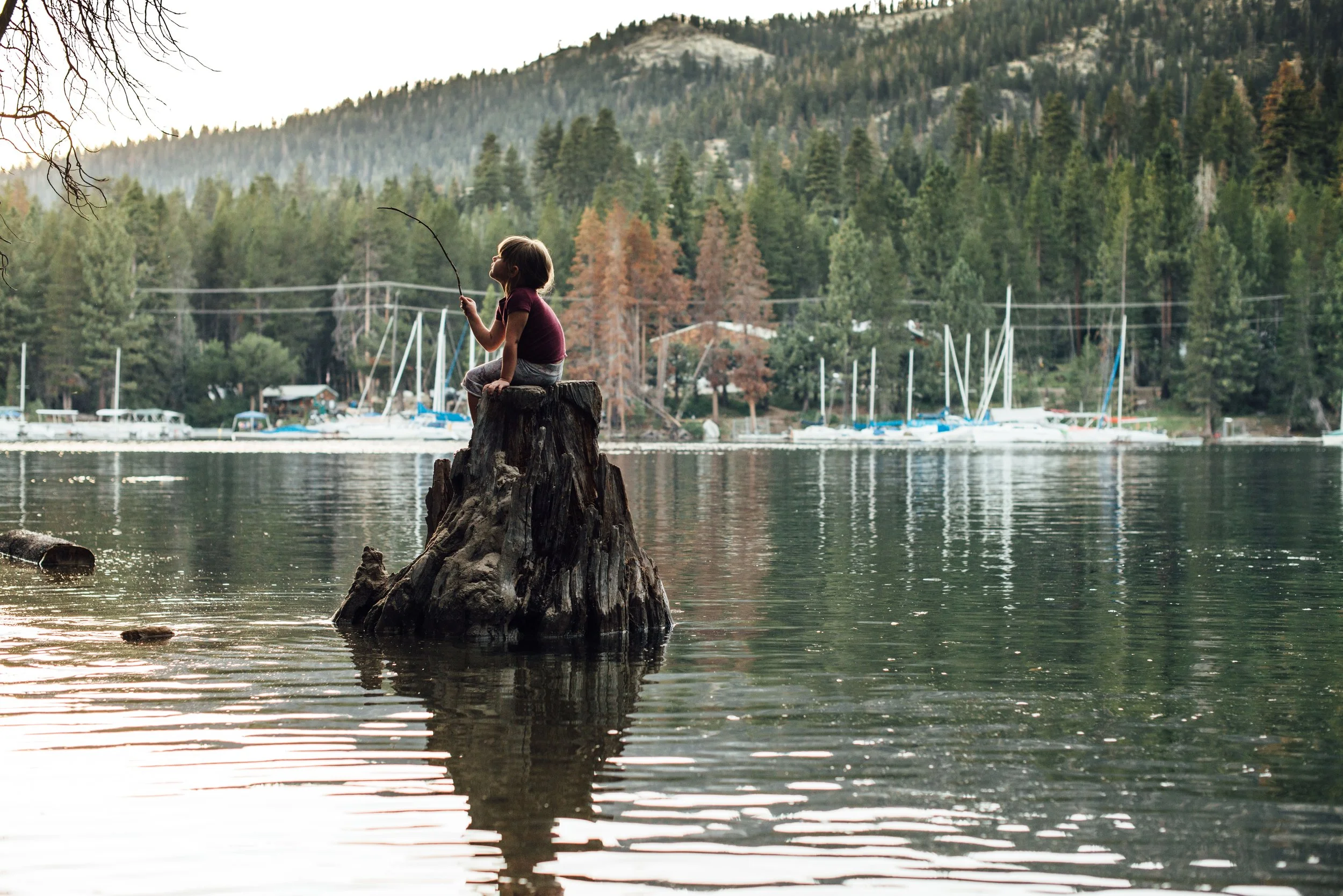 A young girl sitting on a tree stump by a lake, fishing with a stick, with forested mountains and boats docked in the background.
