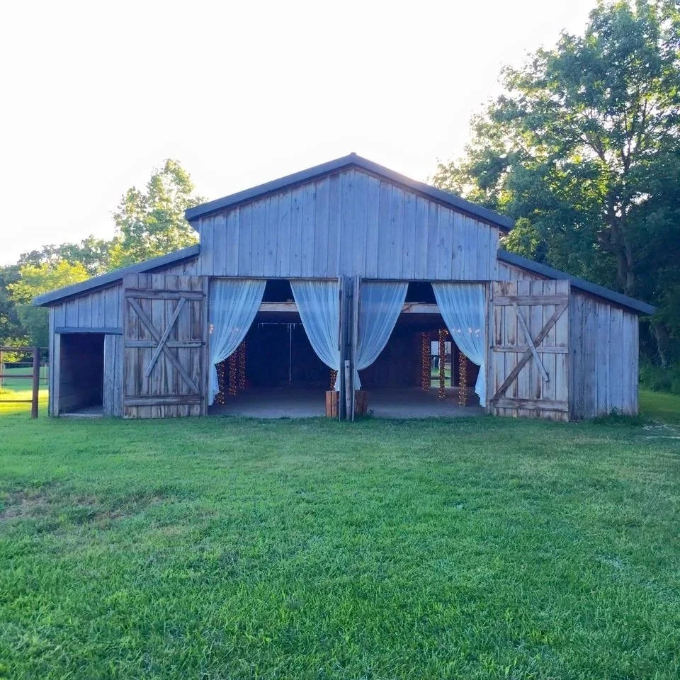 The restored gray horse barn at Hidden Brook Acres in Shelbyville, Indiana
