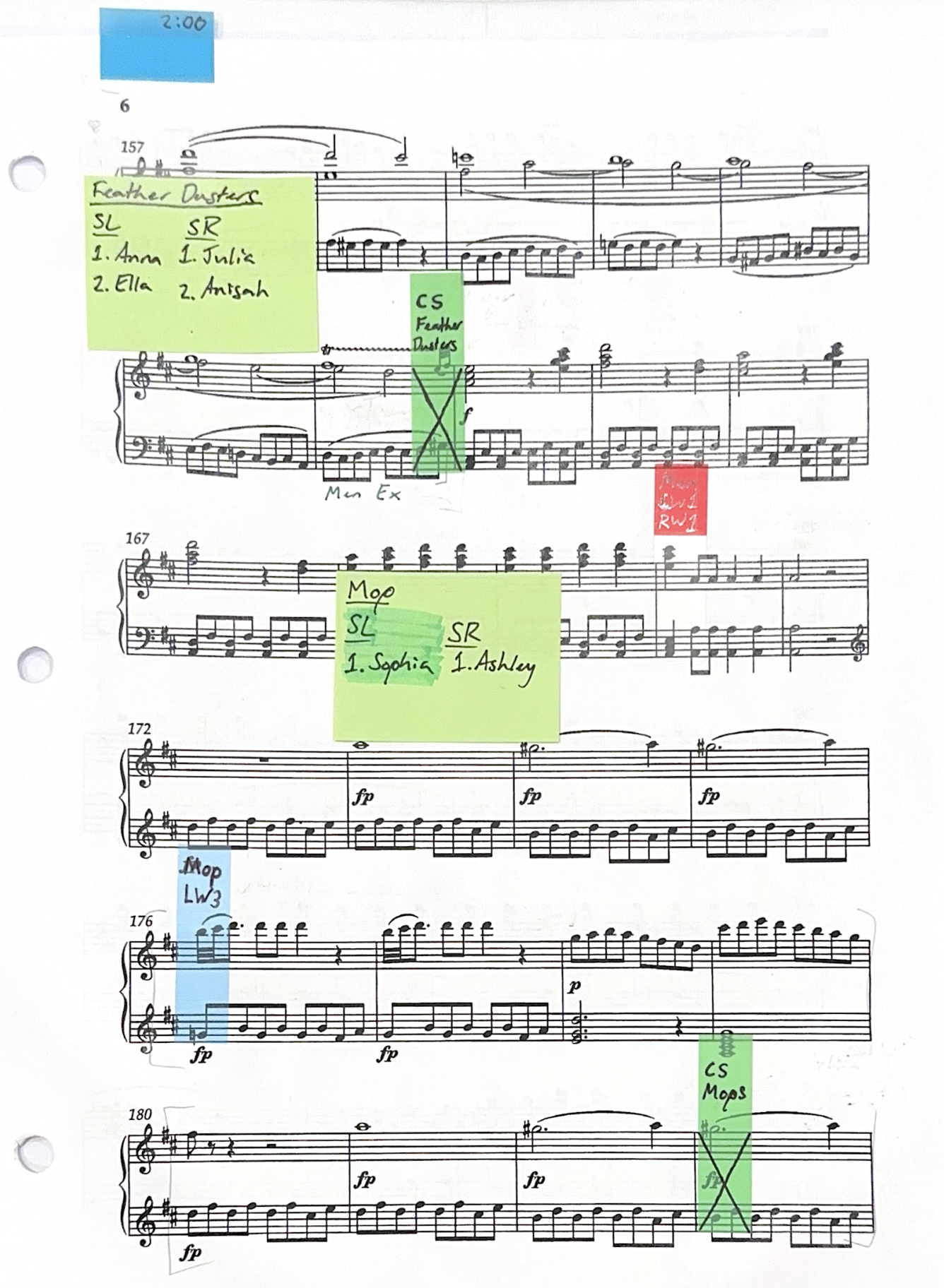 Cue script for when each singer was meant to enter, exit, or be put on standby to enter during the overture