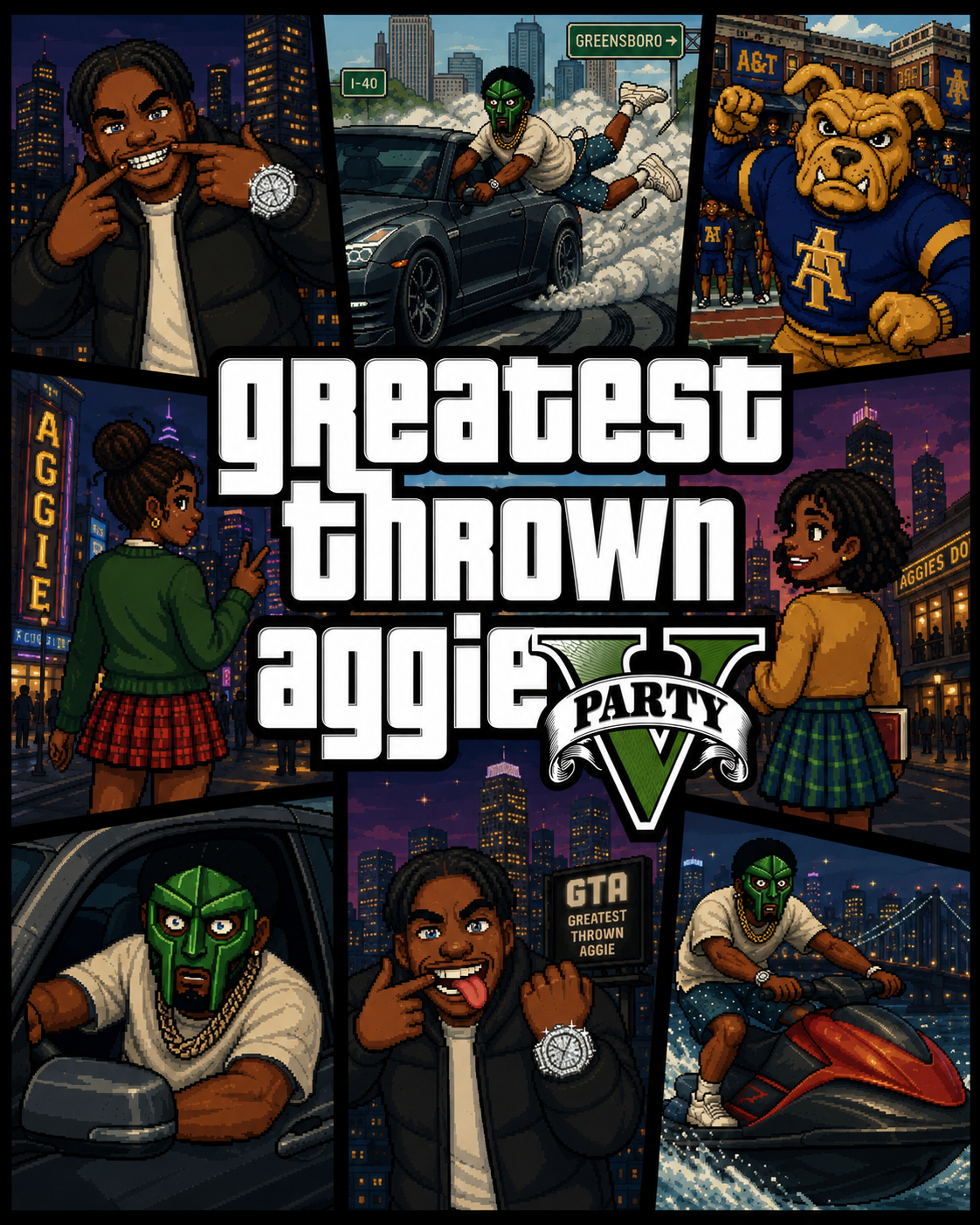 Digital illustration of the cover for the video game 'GTA V Greatest Thrown Aggie Party' featuring pixel art scenes of young people, including a rapper, a car stunt, a football mascot, and characters in urban settings, with the game's title prominently displayed.