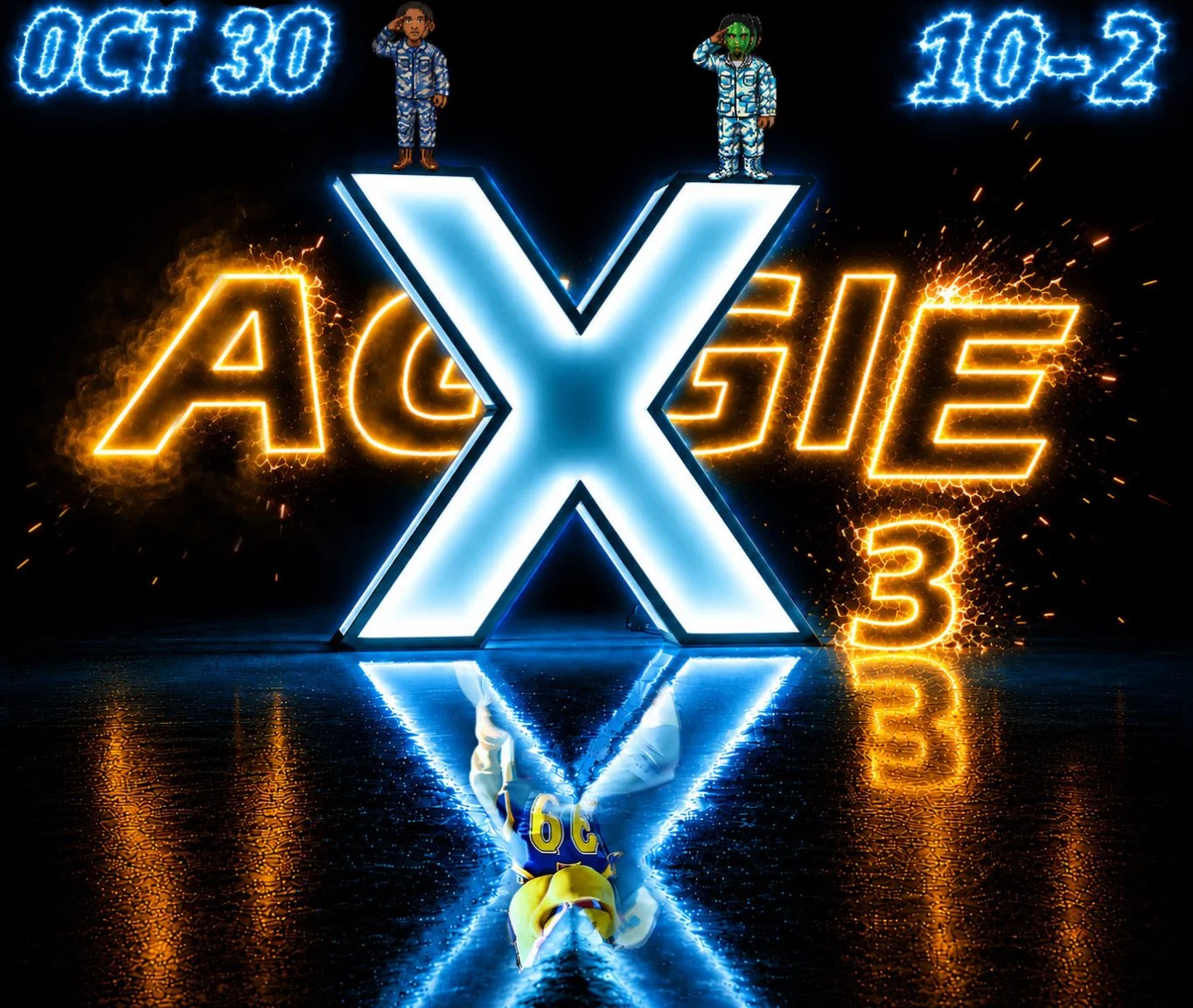 The image features a large glowing neon sign with the text 'AXIS' in orange and white, surrounded by playing characters standing on top of the letters. The background is dark with electric blue neon signs displaying dates 'OCT 30' and '10-22'. There is a reflection on the wet floor, and a yellow sports mascot lies face down beneath the sign.
