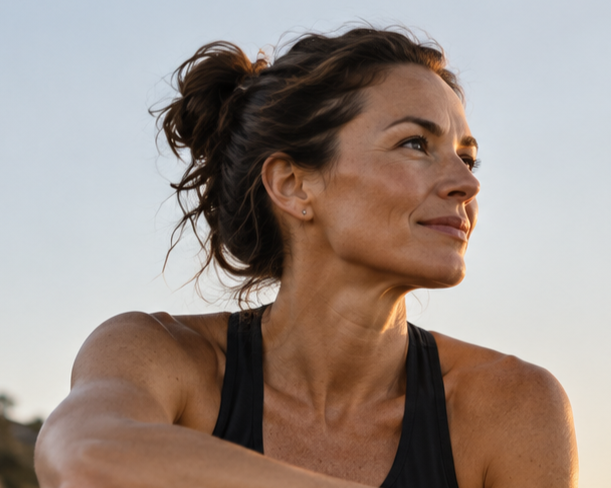 Close-up portrait of a confident woman gazing toward the horizon with a calm, thoughtful expression.