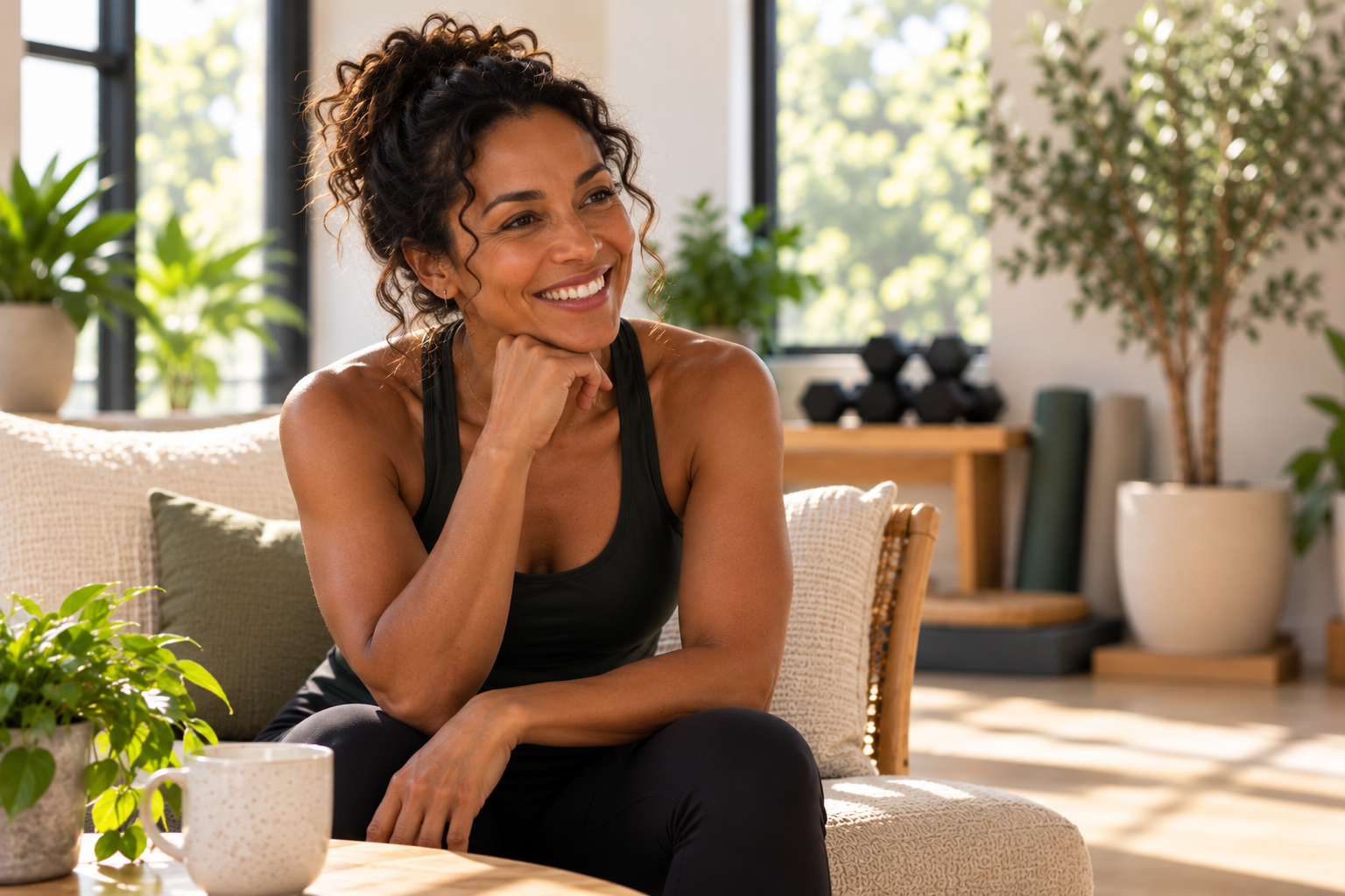 A woman sitting on a beige couch in a sunlit room, smiling with her chin resting on her hand, surrounded by plants and exercise equipment in the background.